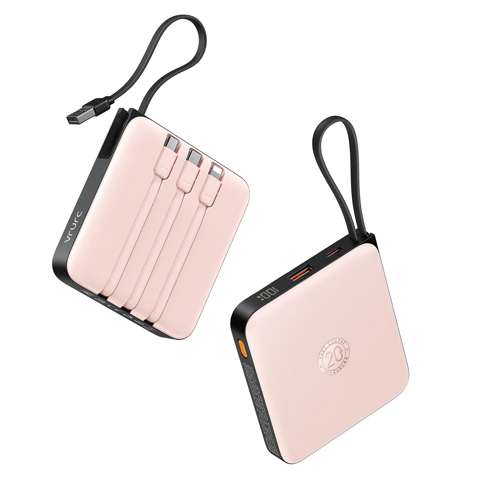 توان بانک VRURC با ظرفیت 20000mAh با کابل های داخلی، شارژ سریع 22.5 وات برای شارژر قابل حمل تلفن همراه، باتری پک USB C، نمایشگر LED، سازگار با iPhone، سازگار با Samsung، تلفن های اندروید (صورتی)