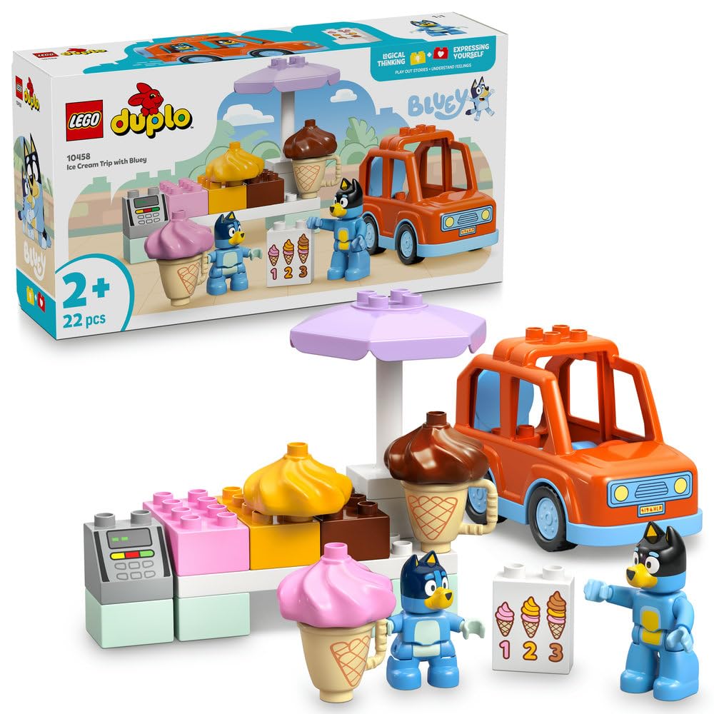 LEGO DUPLO Bluey: سفر بستنی با بلوی - اسباب بازی تربیتی مهارت های حرکتی برای کودکان نوپای با یک ماشین اسباب بازی و یک ساختمان بستنی، همچنین دو عدد فیگور شامل باندیت - هدیه برای دختران و پسران 2 سال و بالاتر - 10458