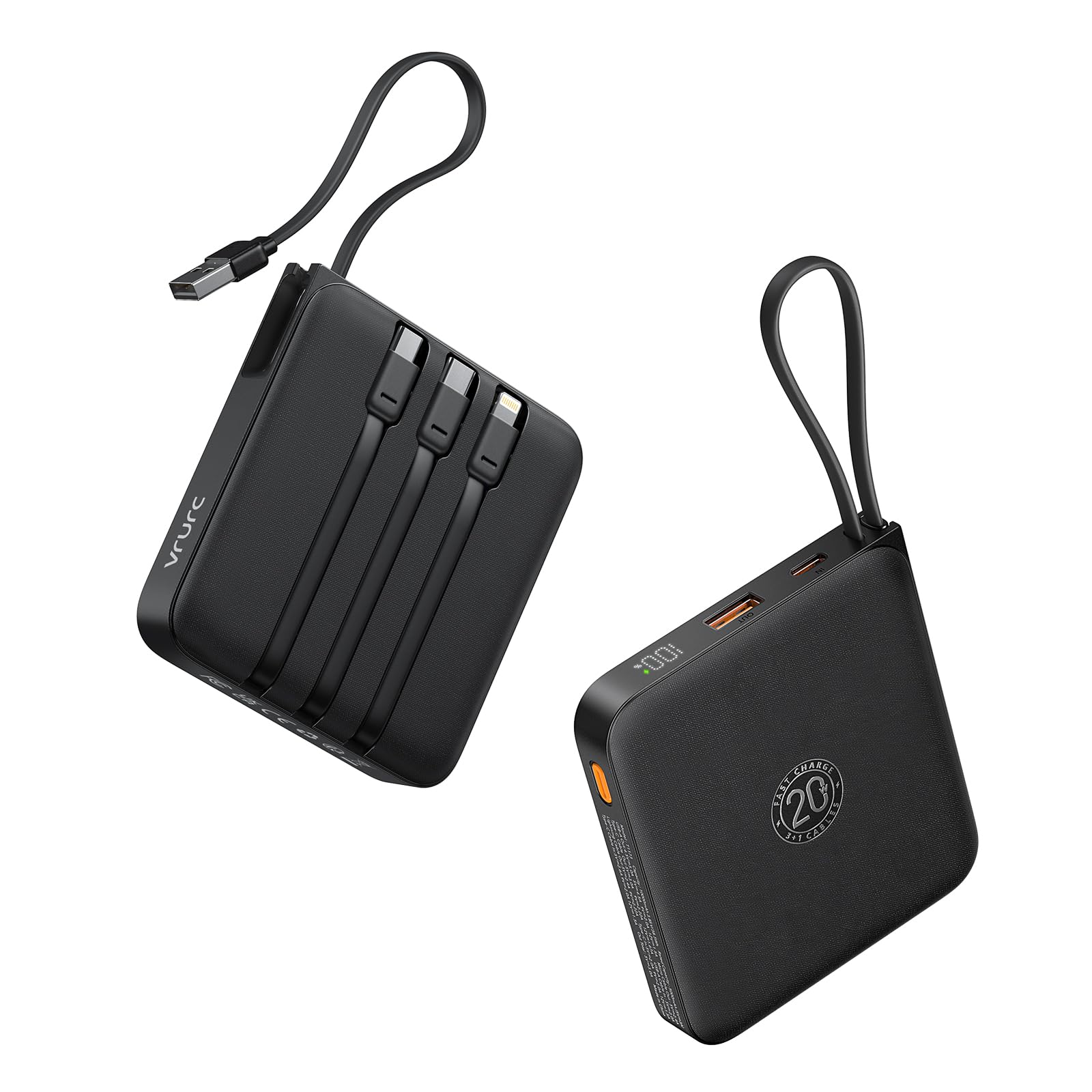 پاوربانک VRURC با ظرفیت 20000mAh با کابل‌های داخلی، شارژ سریع 22.5 وات، شارژر قابل حمل برای تلفن همراه، باتری USB C، نمایشگر LED، سازگار با iPhone، سازگار با Samsung، تلفن‌های اندرویدی (مشکی)