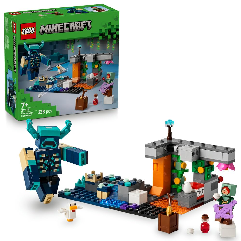 LEGO Minecraft The Warden Encounter - اسباب بازی ساخت و ساز با انگشت پاتیک جنگده آرام و انگشت پاتیک Mob قابل حرکت - عملکرد TNT برای ریزش سنگ - هدیه جمع آوری شده برای پسران 7+ سال و طرفداران بازی - 21274