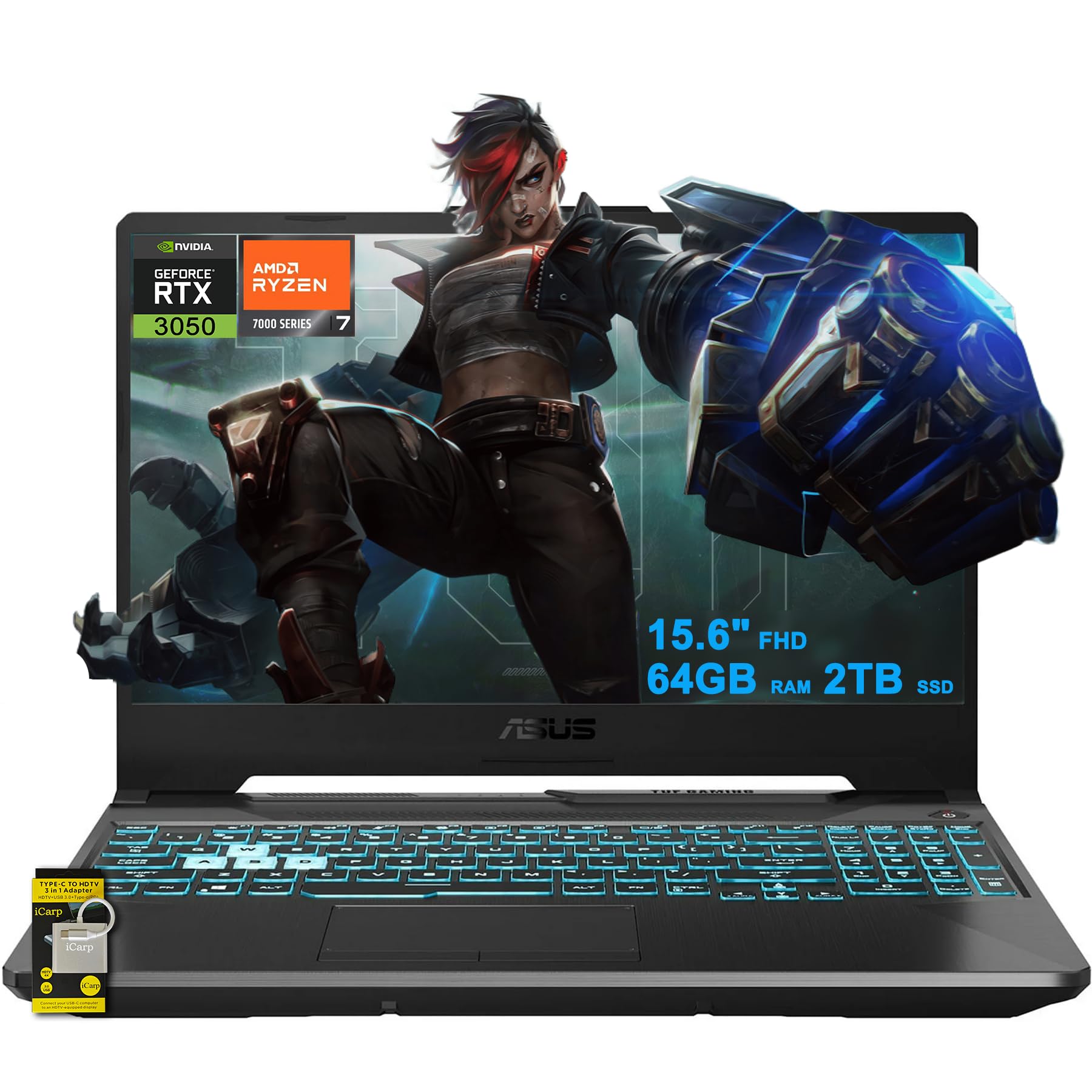 لپتاپ ASUS TUF Gaming A15 با صفحه نمایش 15.6 اینچ FHD ضد درخشش 144Hz، پردازنده AMD Octa-core Ryzen 7 7435HS (قوی‌تر از i7-12700H)، 64GB RAM، 2TB SSD، کارت گرافیک GeForce RTX 3050، صفحه کلید پشتیبانی شده با نور پس‌زمینه، پورت USB-C، شارژ سریع، ویندوز 11 با قابلیت دسترسی به ICP Accessory. 64GB RAM، 2TB SSD، Ryzen 7 7435HS
