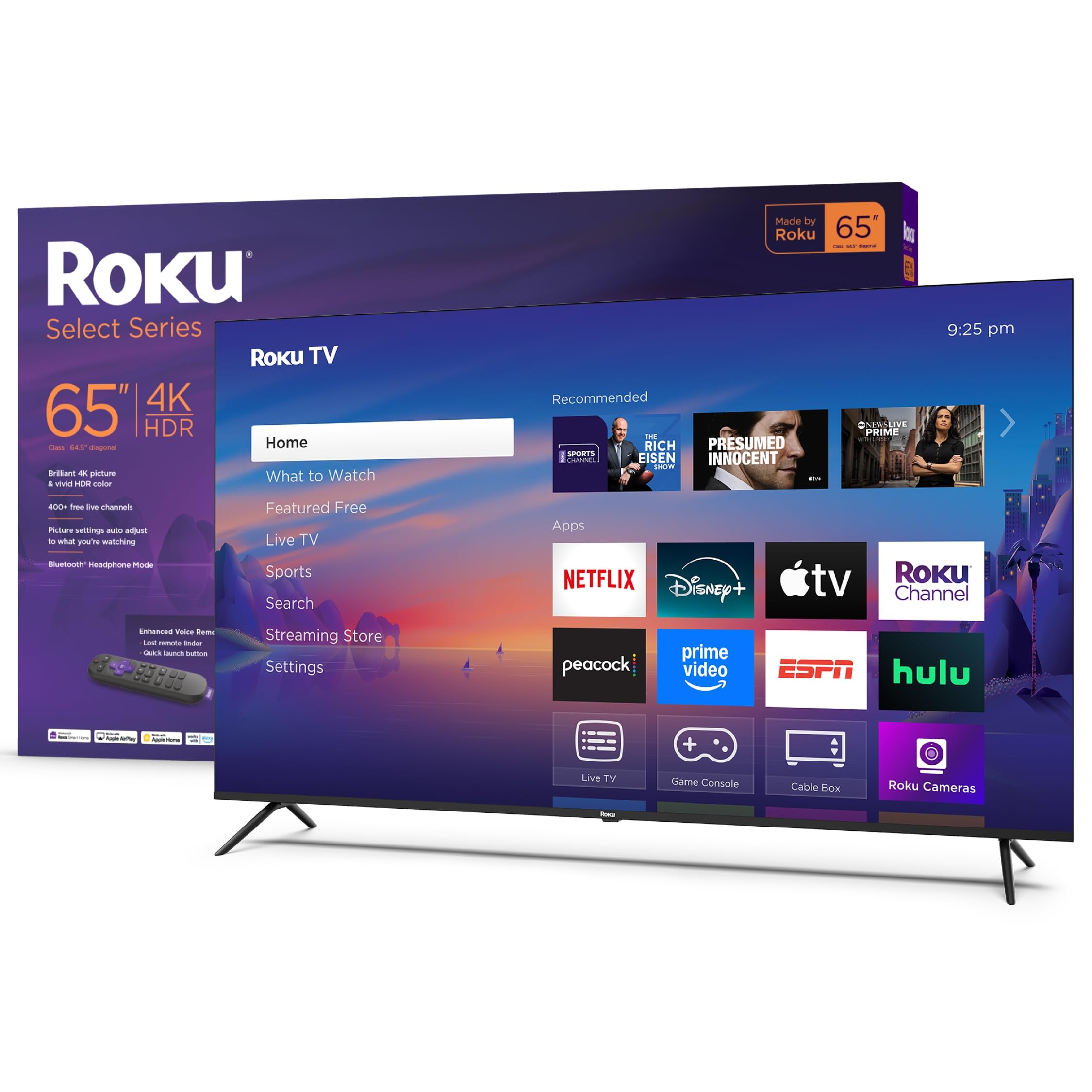 تلویزیون هوشمند روکو 2025 - سری انتخابی 65 اینچ، تلویزیون 4K HDR - RokuTV با ریموت صوتی پیشرفته - تلویزیون LED صفحه‌ی تخت با وای‌فای برای پخش زنده اخبار محلی، ورزش، تفریح خانوادگی تنها 65 اینچ