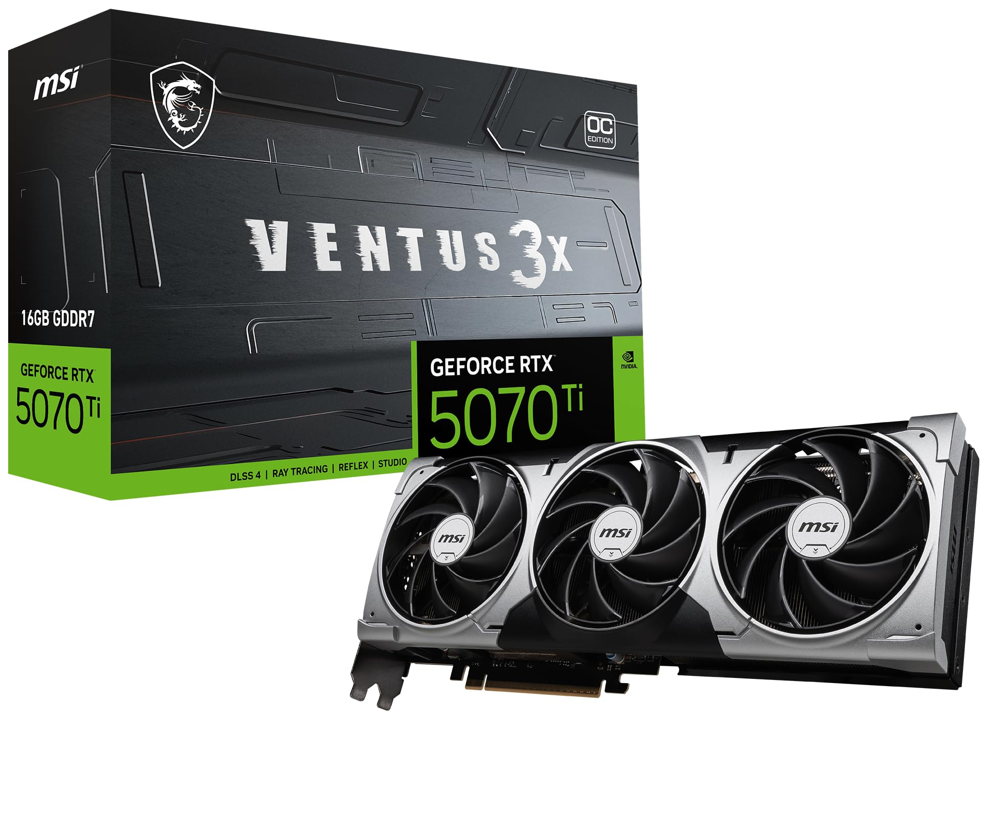 کارت گرافیک MSI Gaming RTX 5070 Ti 16G Ventus 3X OC (16GB GDDR7، 256-bit، عملکرد بسیار بالا: 2497 مگاهرتز، DisplayPort x 3 2.1a، HDMI 2.1b، معماری نوین NVIDIA Blackwell)