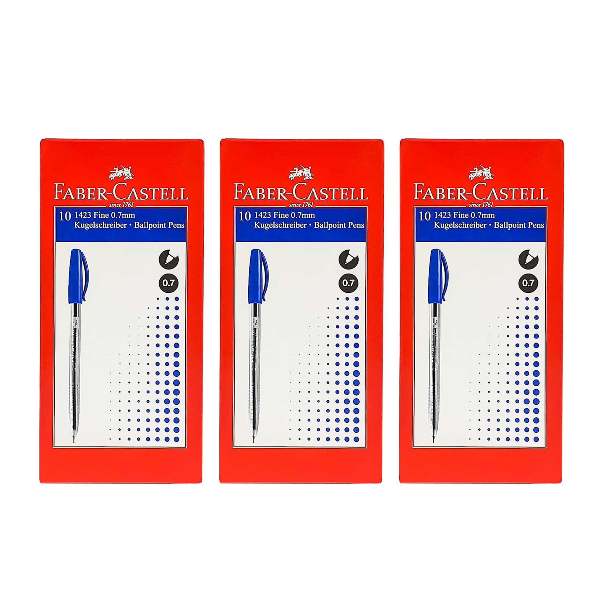قلم توپ Faber-Castell 1423 با نوک 0.7 میلی‌متر، جعبه‌ای شامل 10 عدد، بسته‌بندی 3 جعبه، تجربه نوشتن صاف و بخش‌نشکسته