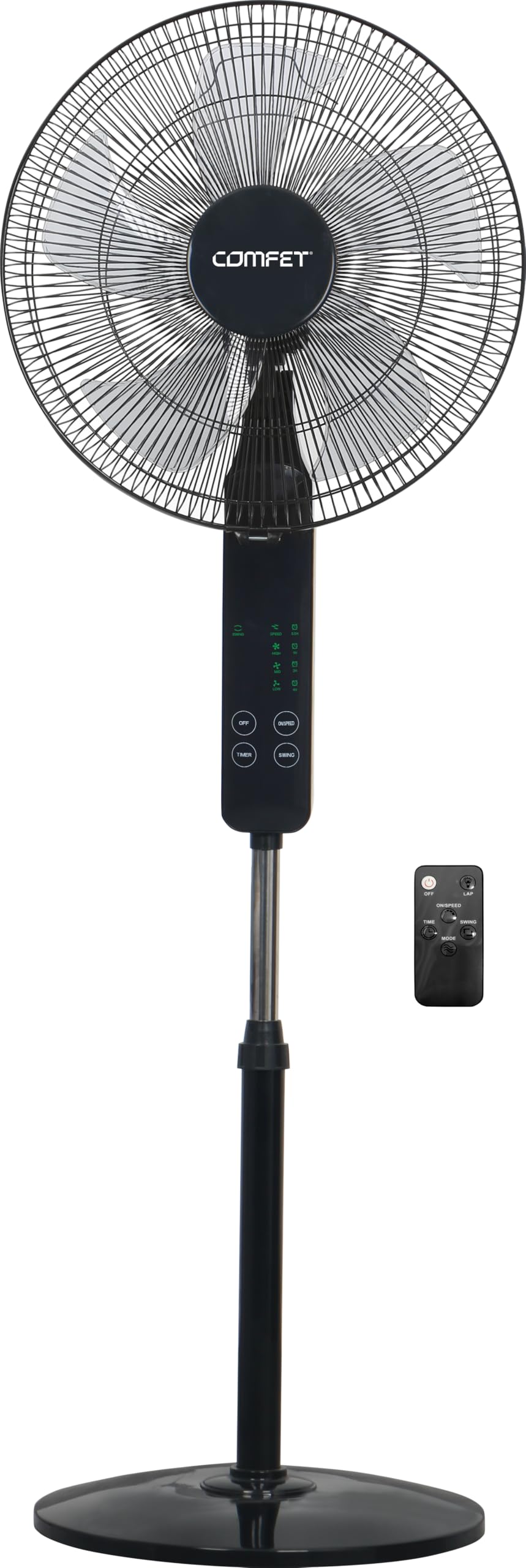 16 اینچ فن پایه‌ای با کنترل از راه دور و نمایشگر LED، نوسان گسترده، 3 سطح سرعت و ارتفاع قابل تنظیم، تیغه AS با 5 برگ و تایمر 7.5 ساعت، مناسب برای منازل، دفاتر و اتاق‌های خواب.