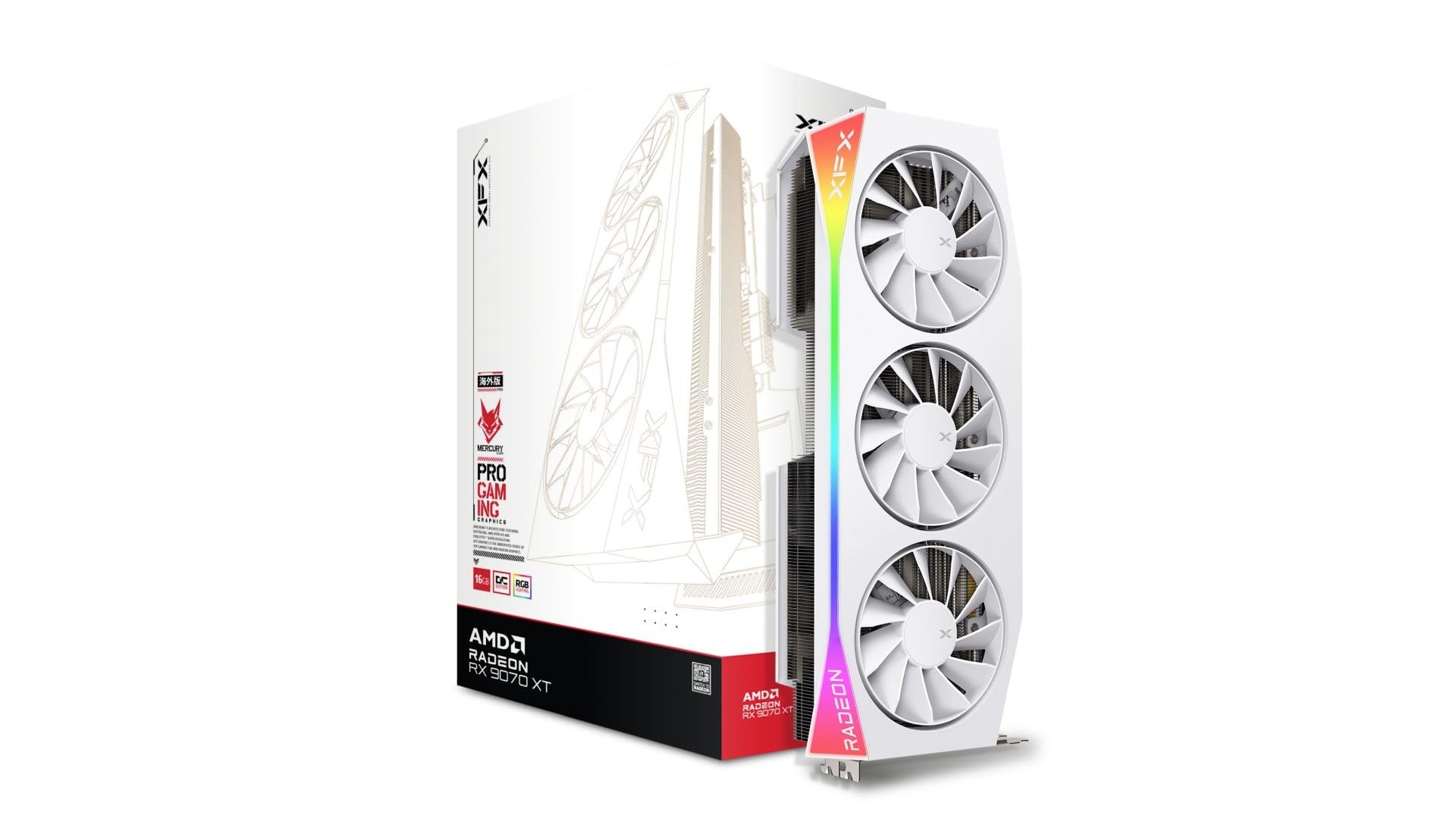XFX مرکوری AMD رادئون RX 9070XT OC گیمینگ نسخه سفید با RGB 16 گیگابایت GDDR6، HDMI 3xDP، AMD RDNA 4 RX-97TRGBBW9