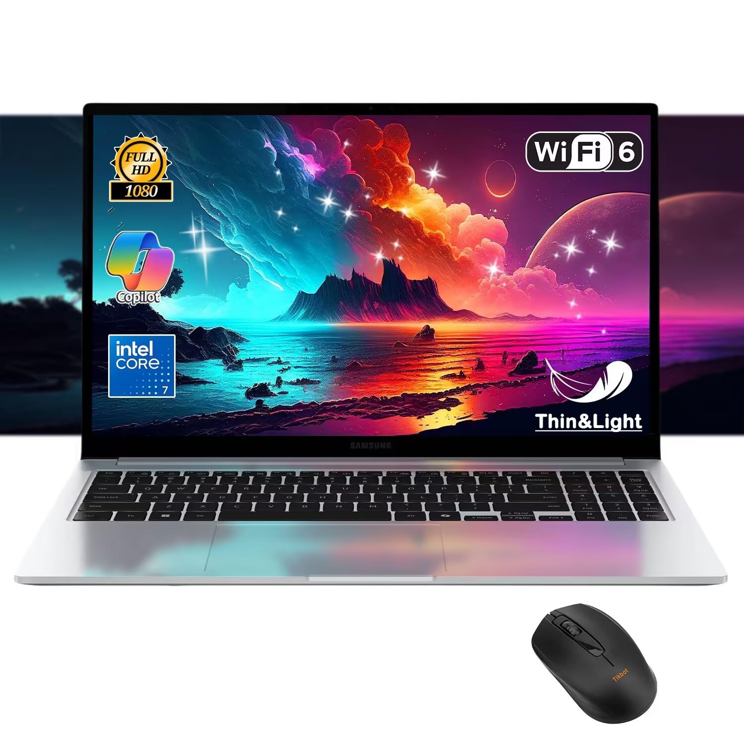 لپ تاپ تجاری Samsung Galaxy Book4، دیسپلی LED با کیفیت تصویر FHD 15.6 اینچ، Copilot AI PC، پردازنده Intel Core i7 11500U، باتری با عمر طولانی، صفحه کلید با نور پس زمینه، با ماوس (16GB RAM | 1TB SSD)