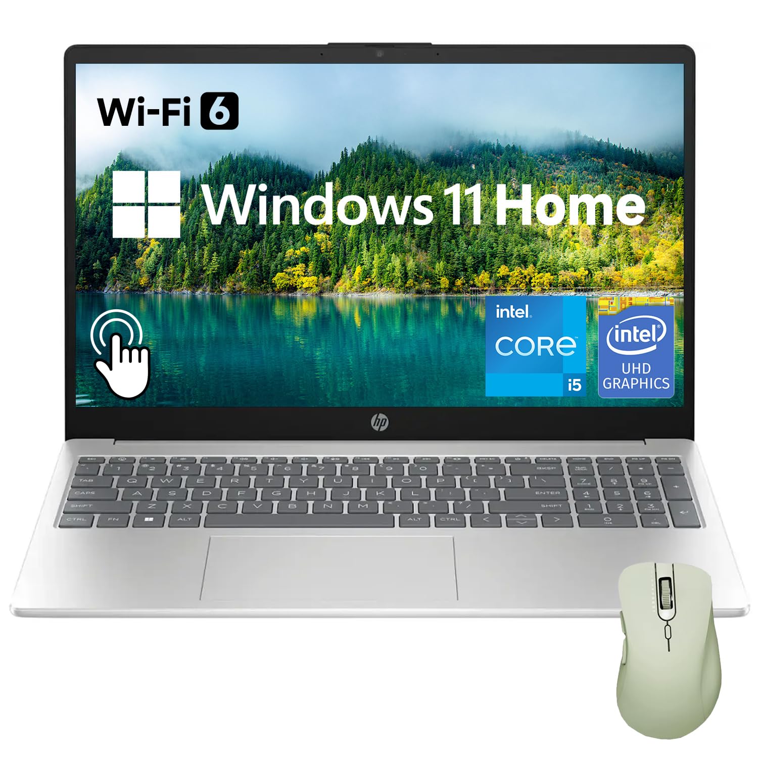 لپ تاپ لمسی اچ‌پی 15.6 اینچی با صفحه نمایش HD، پردازنده اینتل کور i5-1235U، 16 گیگابایت رم، 1 ترابایت حافظه‌ی داخلی SSD PCIe، وبکم، پورت HDMI، کیبورد عددی، وای-فای نسل 6، ویندوز 11 هوم، رنگ نقره‌ای، همراه با موس بی‌سیم Thunderobot ML101