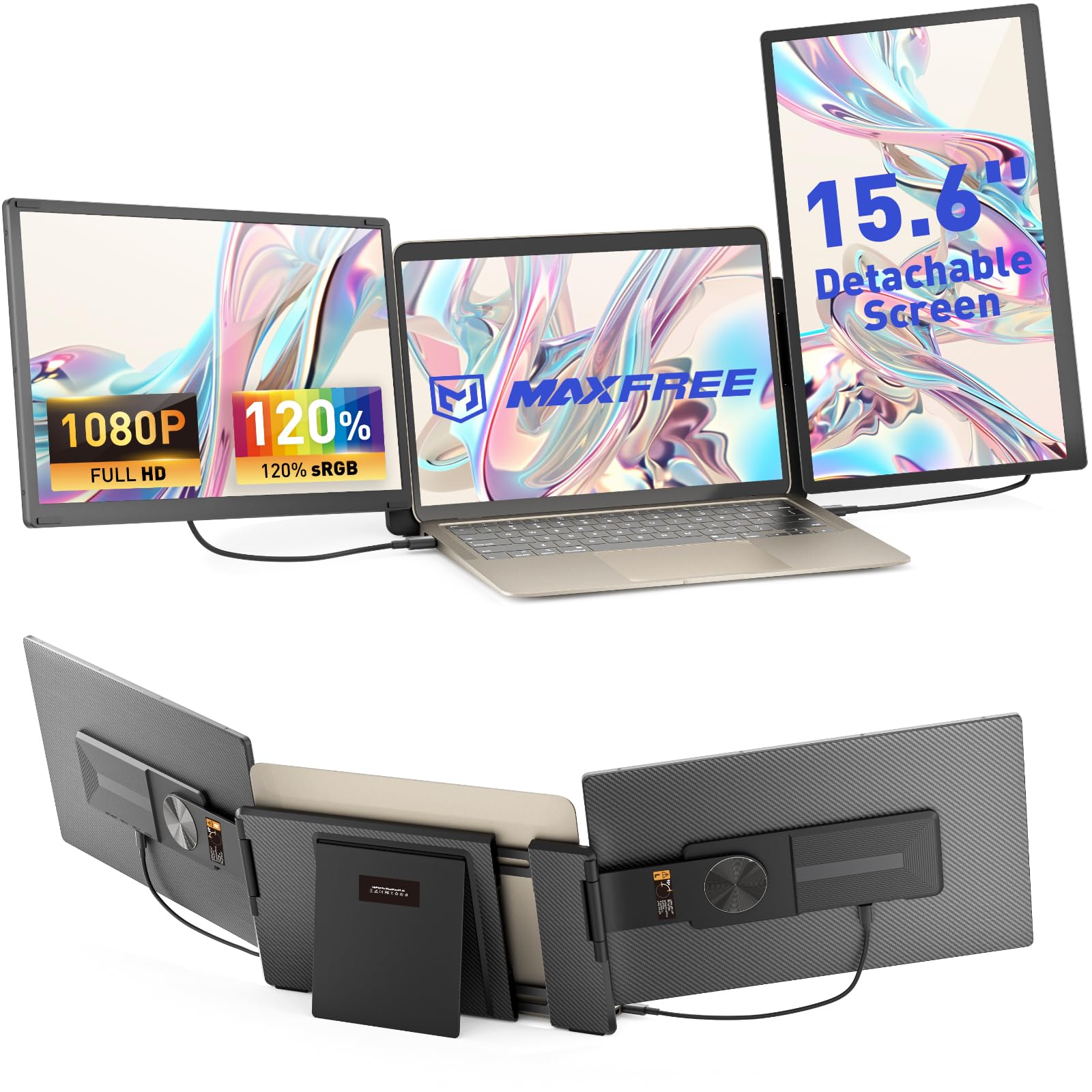 مانیتور لپ‌تاپ Maxfree 15.6" FHD 1080P با سه صفحه، قابلیت افزودن نمایشگر، پلاگ اند پلی، صفحه‌ی جداشدنی، سازگار با سیستم‌عامل‌های Mac/Windows/Android رنگ مشکی