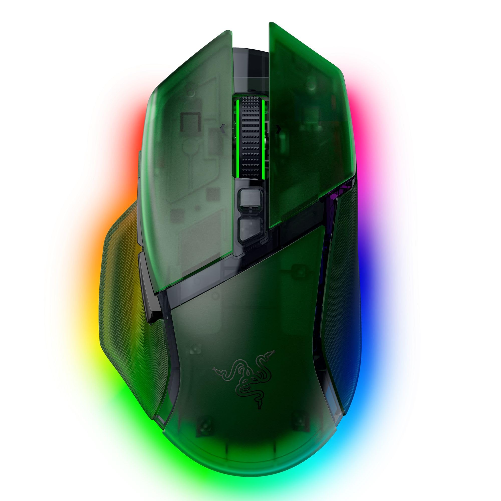 موشواره بازی بی‌سیم Razer Basilisk V3 Pro 35K: چرخ HyperScroll با قابلیت شیب، سنسور نوری 35K DPI نسل دوم، 13 کنترل قابل تنظیم، RGB، سوییچ‌های نوری نسل سوم، باطری تا 140 ساعت‌ - سبز شبح