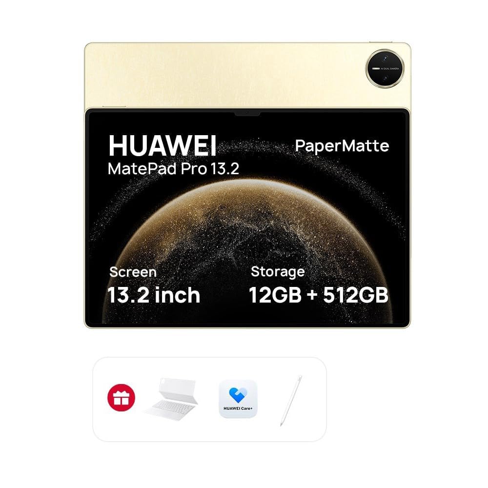 تبلت HUAWEI MatePad Pro با نمایشگر OLED PaperMatte 13.2 اینچی، 12 گیگابایت + 512 گیگابایت، وای فای، دفتر کار WPS سطح PC، صفحه کلید هوشمند، M-Pen + 3 ماه HUAWEI Care+، طلایی