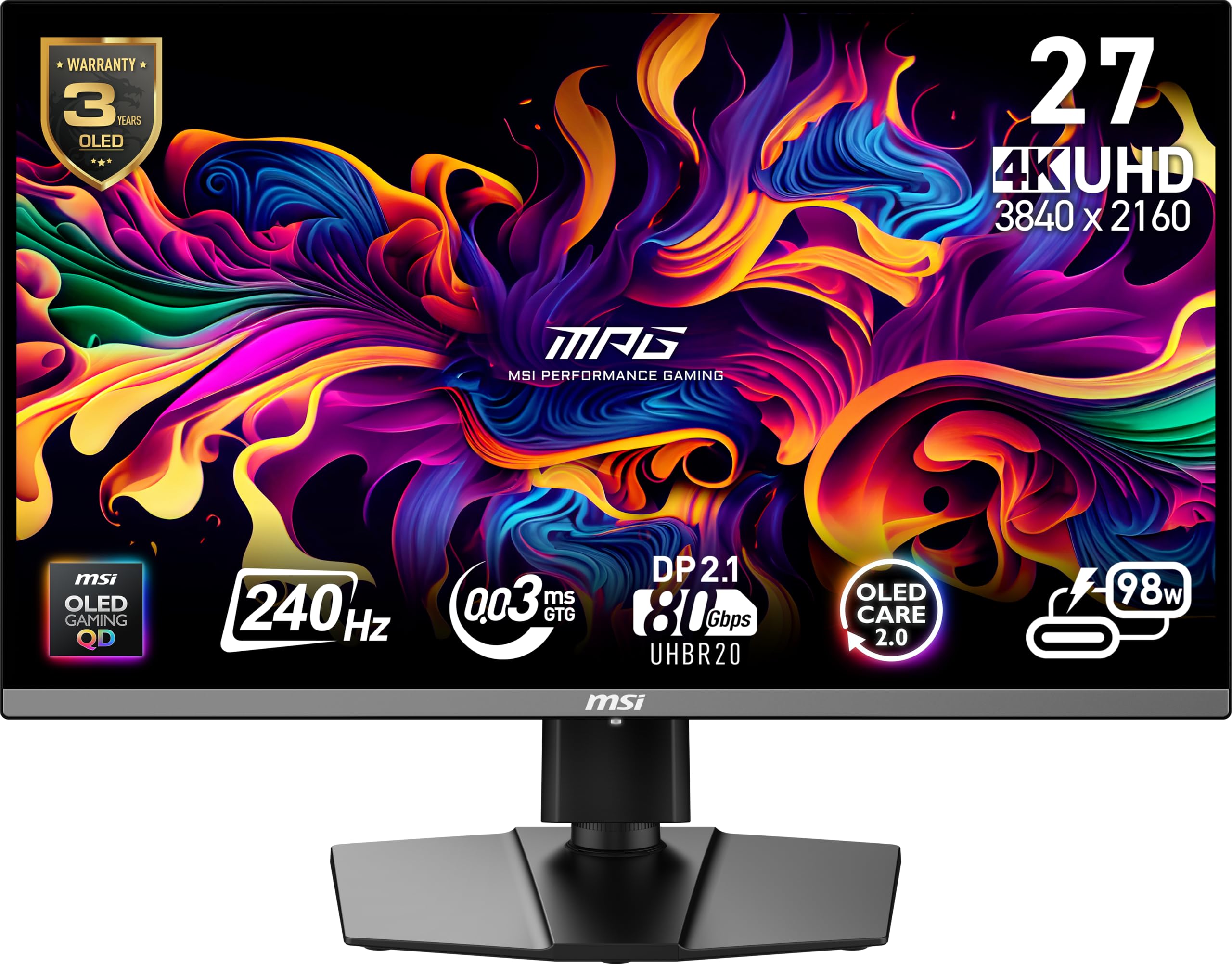 مانیتور کامپیوتر MSI MPG 272URX QD-OLED 27 اینچی با رزولوشن 3840 × 2160 (UHD)، 240Hz، Adaptive-Synch، پورت HDMI، DP، قابل نصب بر روی VESA، تیلت، اسپیکر، 0.03 میلی‌ثانیه، رنگ مشکی