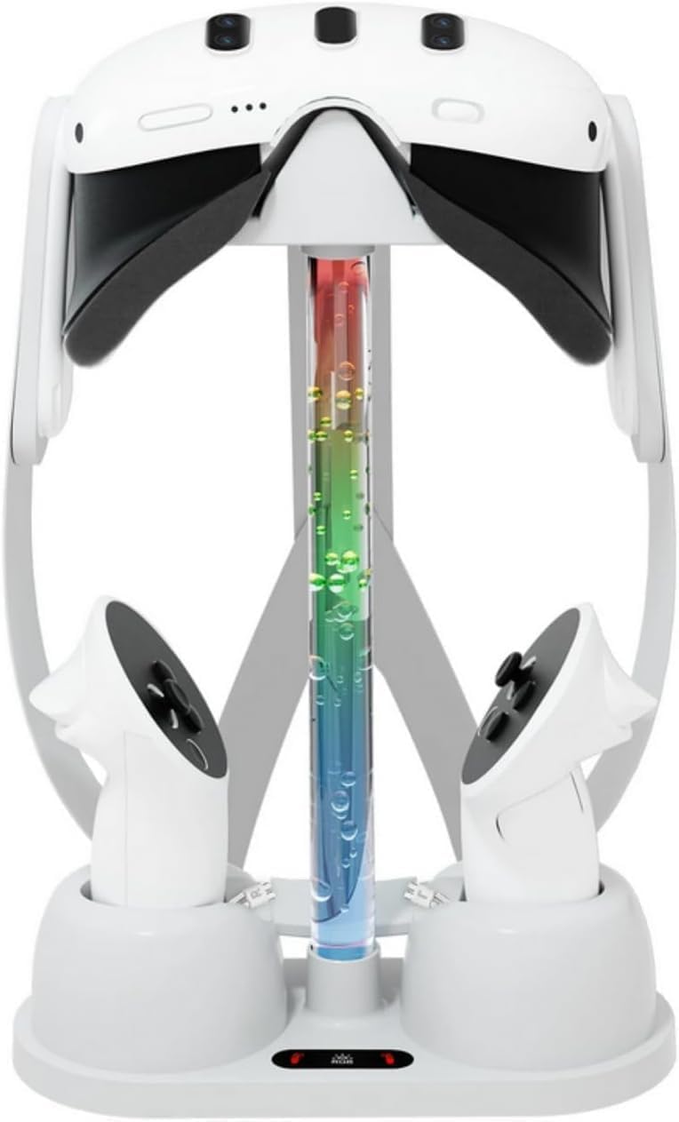 پایه شارژر کنترلر و محل قرارگیری برای Oculus/Meta Quest 3 با نور RGB، مناسب برای شارژ کنترلر استند دسکتاپ واقعیت مجازی، با نشان‌گذاری ضد لغزش برای کنترلر و استند هدست VR