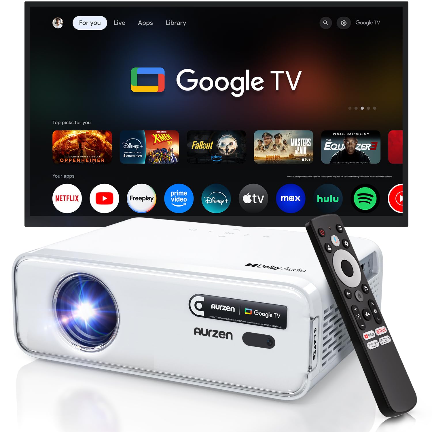 پروژکتور Aurzen Eazze D1 GTV، پروژکتور هوشمند Google TV با وای فای و بلوتوث، مجوز رسمی Netflix، فوکوس خودکار و کی‌استون، صدای Dolby، زوم، پروژکتور قابل حمل بیرونی با کیفیت تصویر 1080P طبیعی