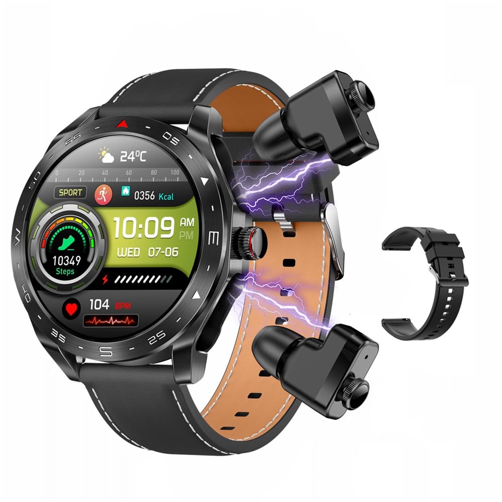 T95 Smart Watch with Earbuds for iPhone & Android - 1.52 Inch Round Bluetooth Call, Fitness Tracker, Long Standby, Music Watch (Black), Black Leather Strap + TPU Strap