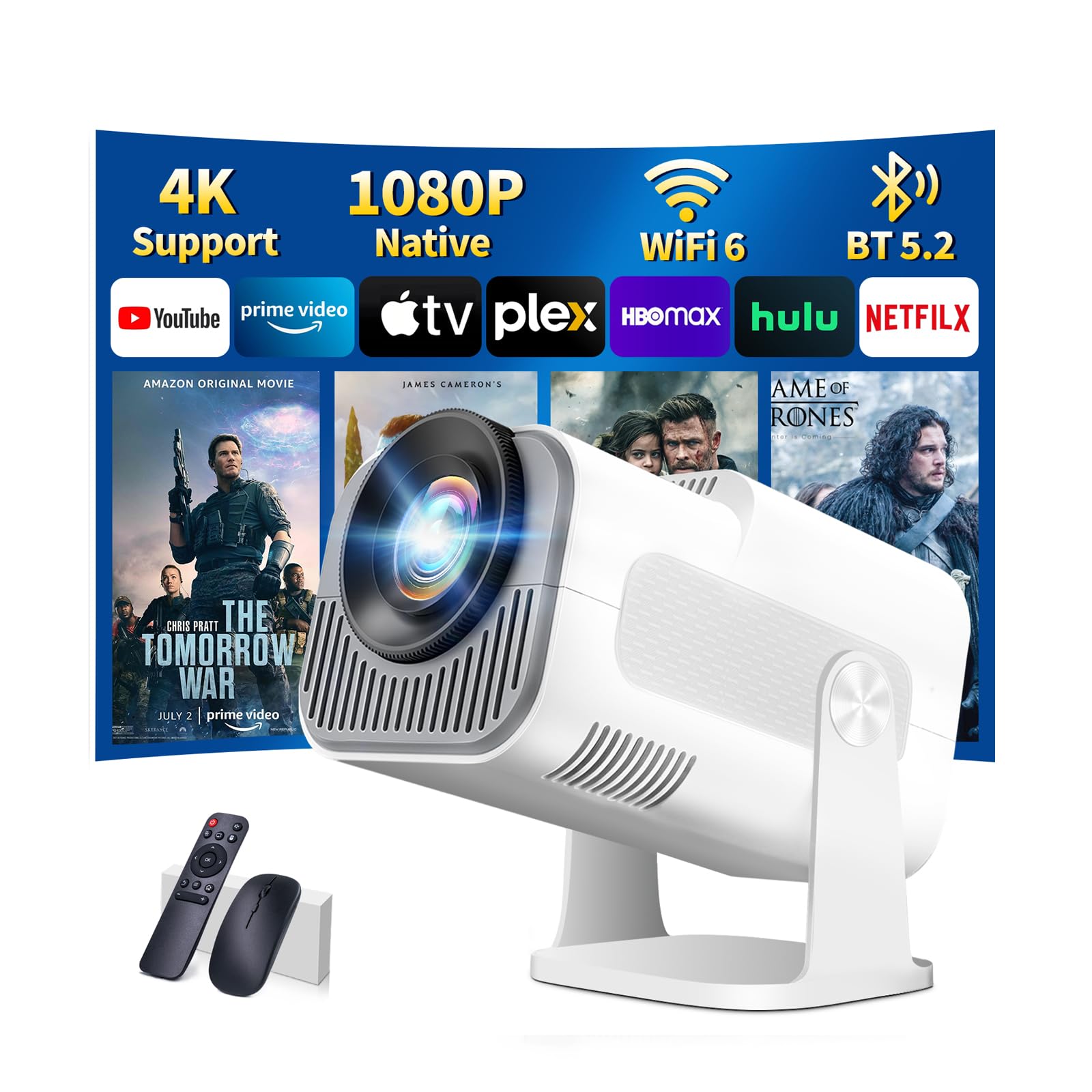 پروژکتور کوچک 1080P Full HD، پروژکتور 4K با چرخش 180 درجه، پروژکتور قابل حمل WiFi 6 و پشتیبانی از بلوتوث 5.2، برنامه دارای تصحیح اتوماتیک Keystone، پورت HDMI/USB پشتیبانی از ویژگی‌های پروژکتور سفید US-NT30-سفید نور سفید
