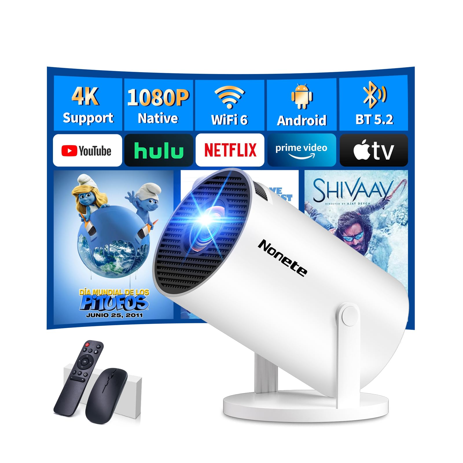 وایرلس 6 و بلوتوث 5.2 را پشتیبانی می‌کند، پروژکتور 4K Full HD، پروژکتور کوچک قابل حمل با قابلیت چرخش 180 درجه و اصلاح خودکار تنظیم استوانه، برنامه‌ی داخلی سازگار با تلفن / HDMI / USB-سفید برفی