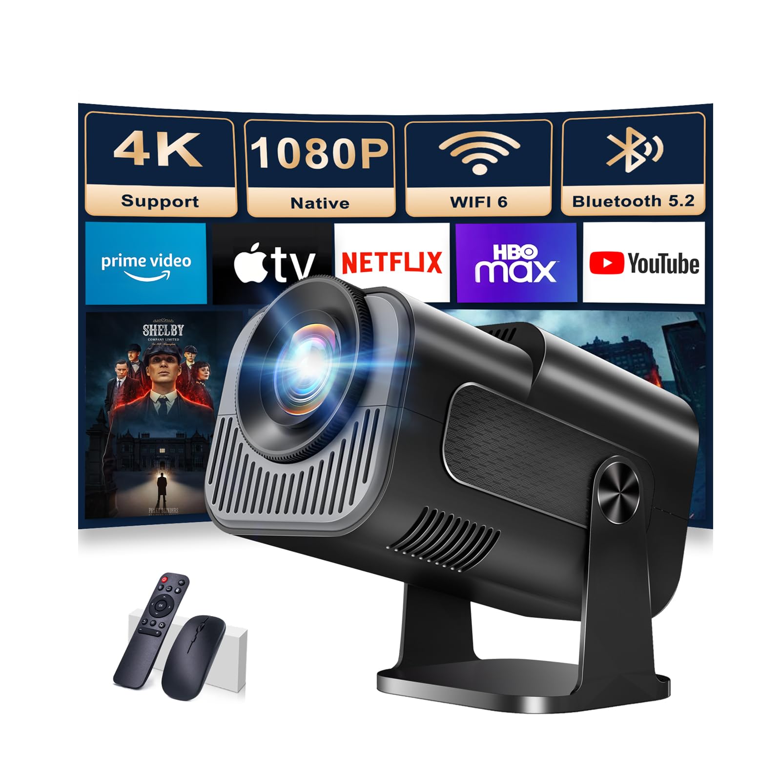 پراجکتور 1080P فول اچ‌دی، پراجکتور 4K با چرخش 180 درجه، پراجکتور قابل حمل WiFi 6 و بلوتوث 5.2 پشتیبانی کننده، با ویژگی تصحیح خودکار Keystone، پشتیبانی از اتصال HDMI/USB پروژکتور مشکی ذغالی