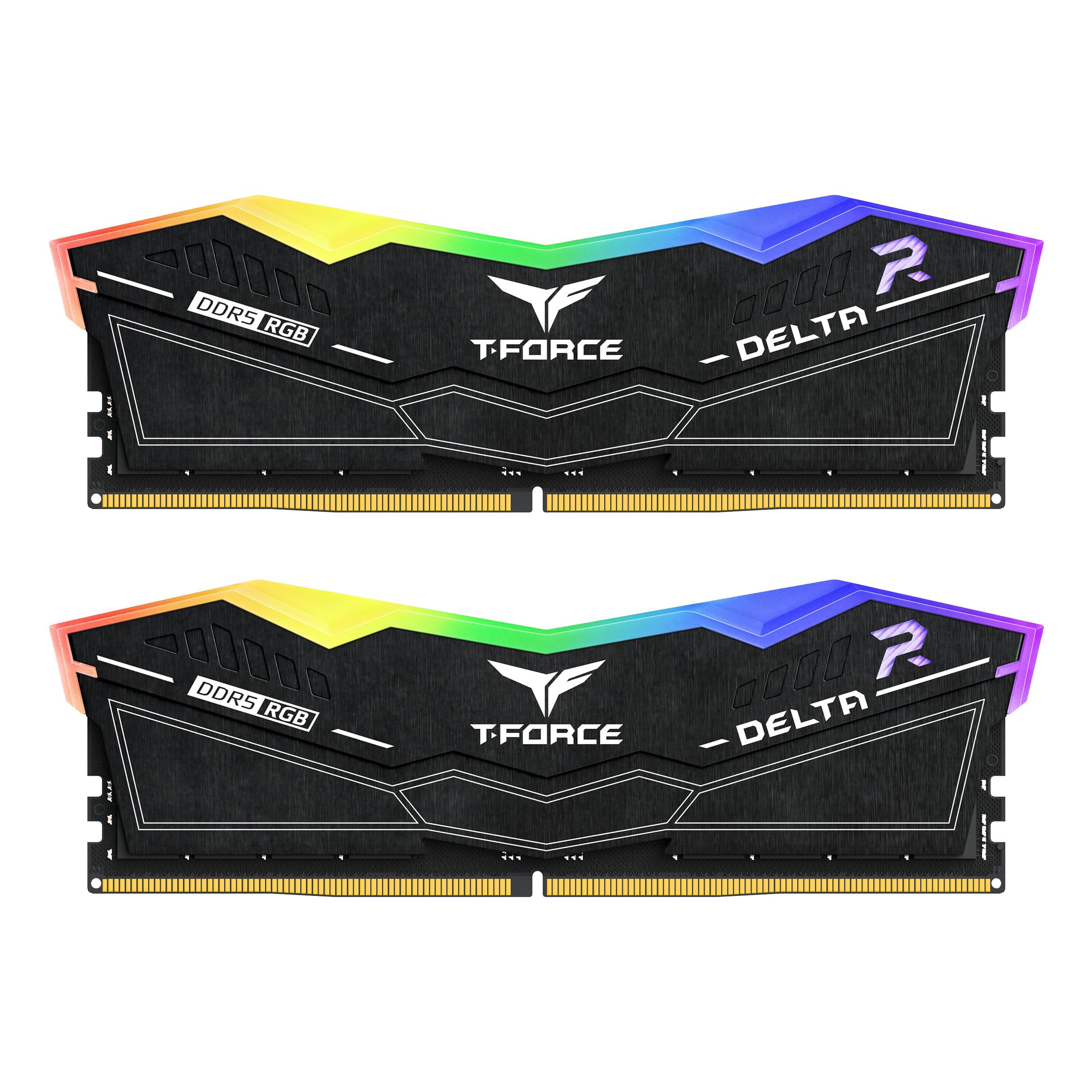 رم دسکتاپ 32 گیگابایتی TEAMGROUP T-Force Delta RGB DDR5 با فرکانس 6400 مگاهرتز، مدل FF3D532G6400HC38JDC01، کیت 2 عددی (2x16GB) با لایه‌های نورانی RGB، مناسب برای چیپست‌های سری 700 و 600 با استانداردهای XMP 3.0، رنگ سیاه، با CL38، ماژول حافظه رم.