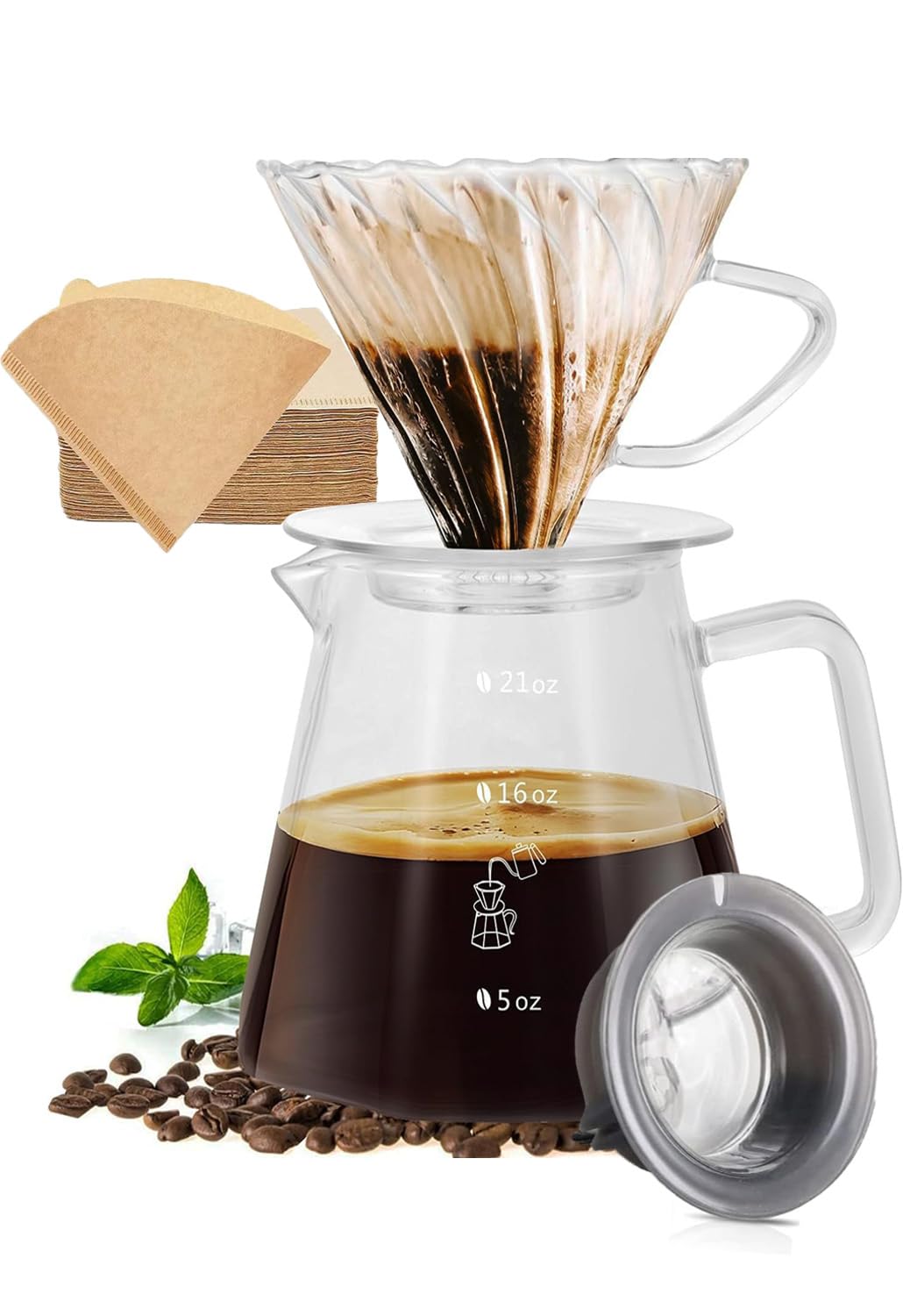 ADAK V60 Coffee Kit | Pour Over Coffee Maker, Coffee Maker Set, 600ml Glass Coffee Pot, Glass Coffee Dripper with Glass Stand Drippe, Portable Coffee Dripper Brewer (Basic)