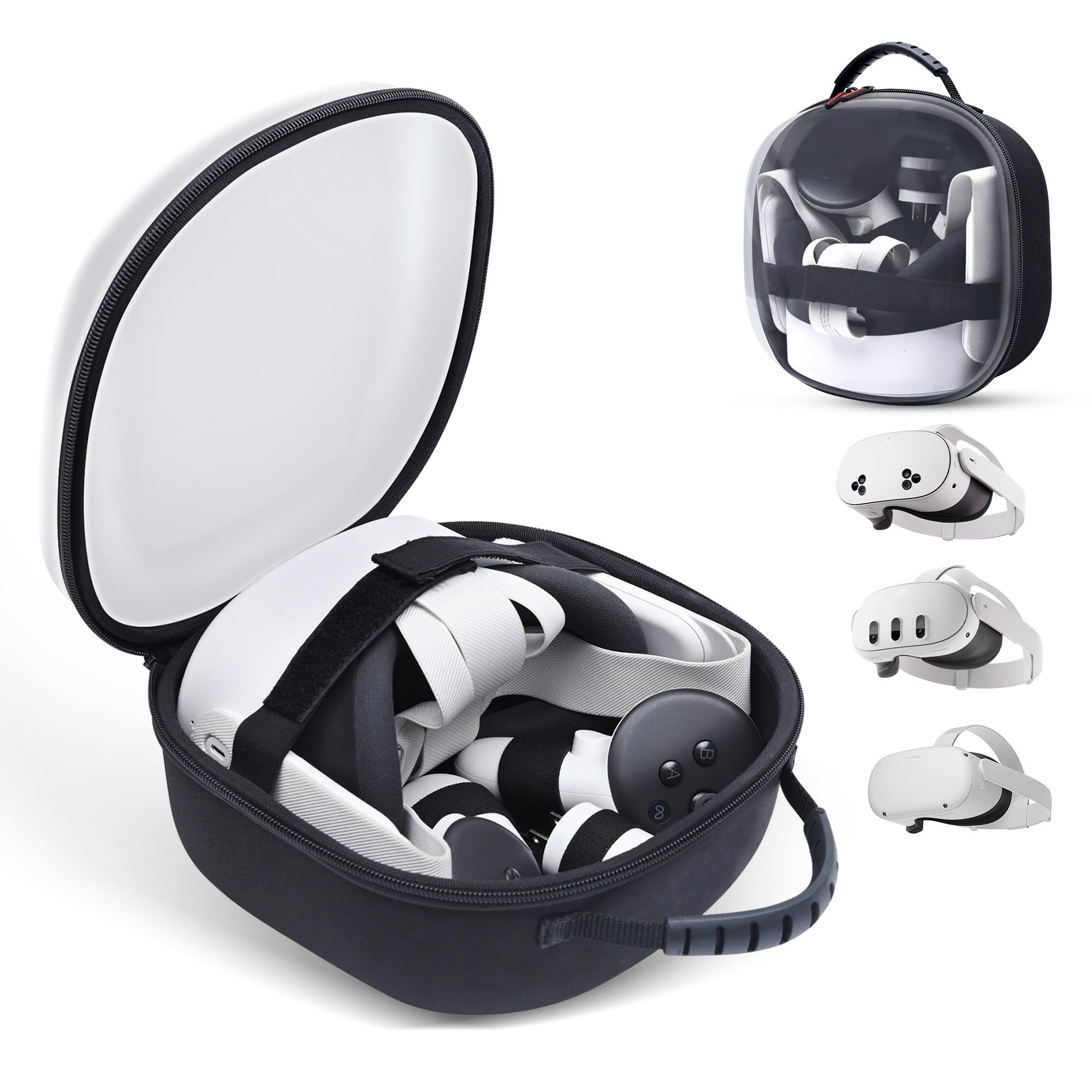 کیف حمل برای Quest 3S با درپوش شفاف، سازگار با اکلوس متا Quest 3 / Quest 3S / Quest 2، کیف فضای کوچک برای حمل و نقل VR برای Quest 3S، مهره‌های کنترلر، آداپتور و سایر لوازم جانبی (دارای درپوش شفاف-مشکی-کوچک)