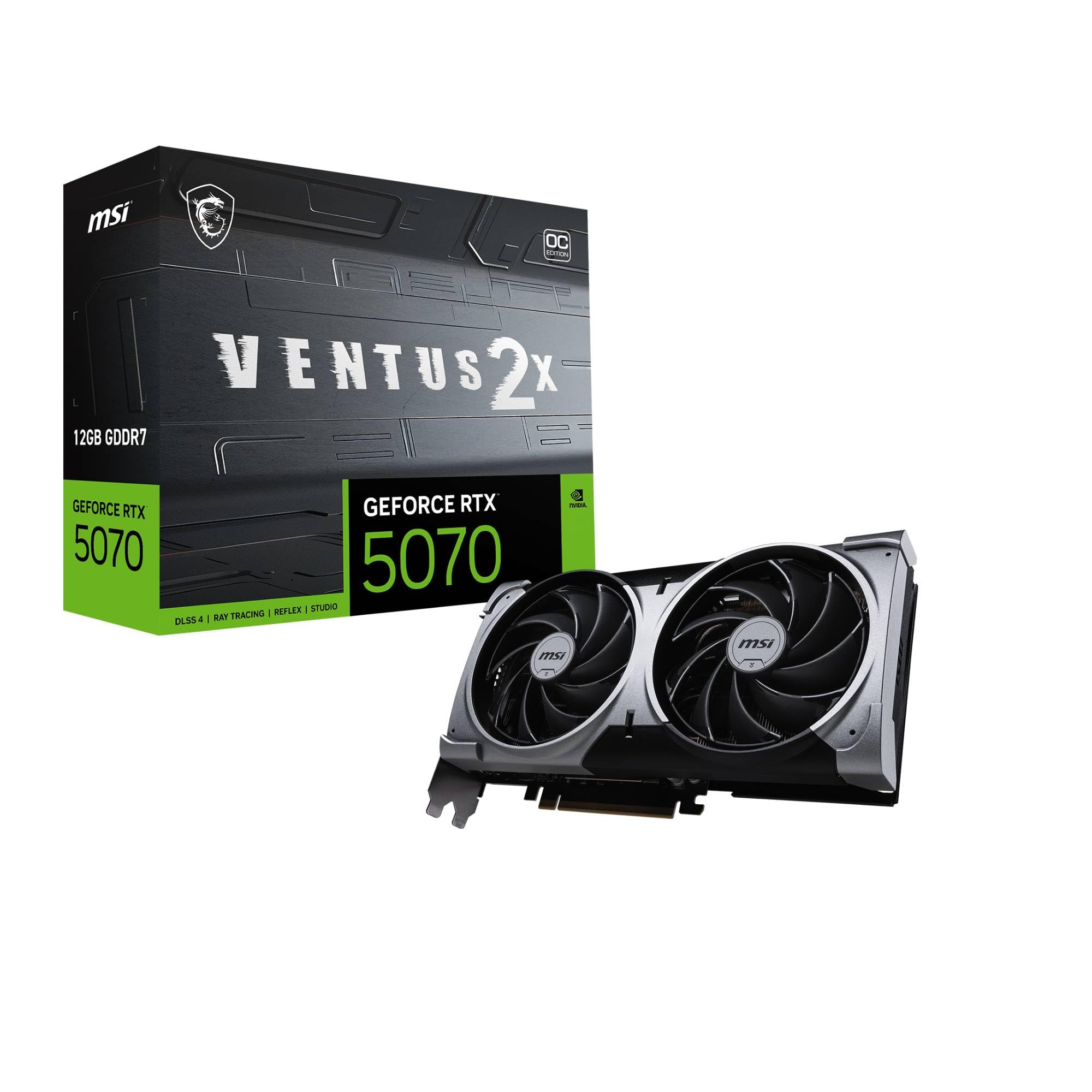 کارت گرافیک MSI GeForce RTX 5070 12G VENTUS 2X OC - پردازنده گرافیکی RTX 5070، 12GB GDDR7 (28Gbps/192-bit)، PCIe 5.0 - طراحی حرارتی با دو فن (2 x TORX FAN 5.0) - HDMI 2.1b، DisplayPort 2.1b