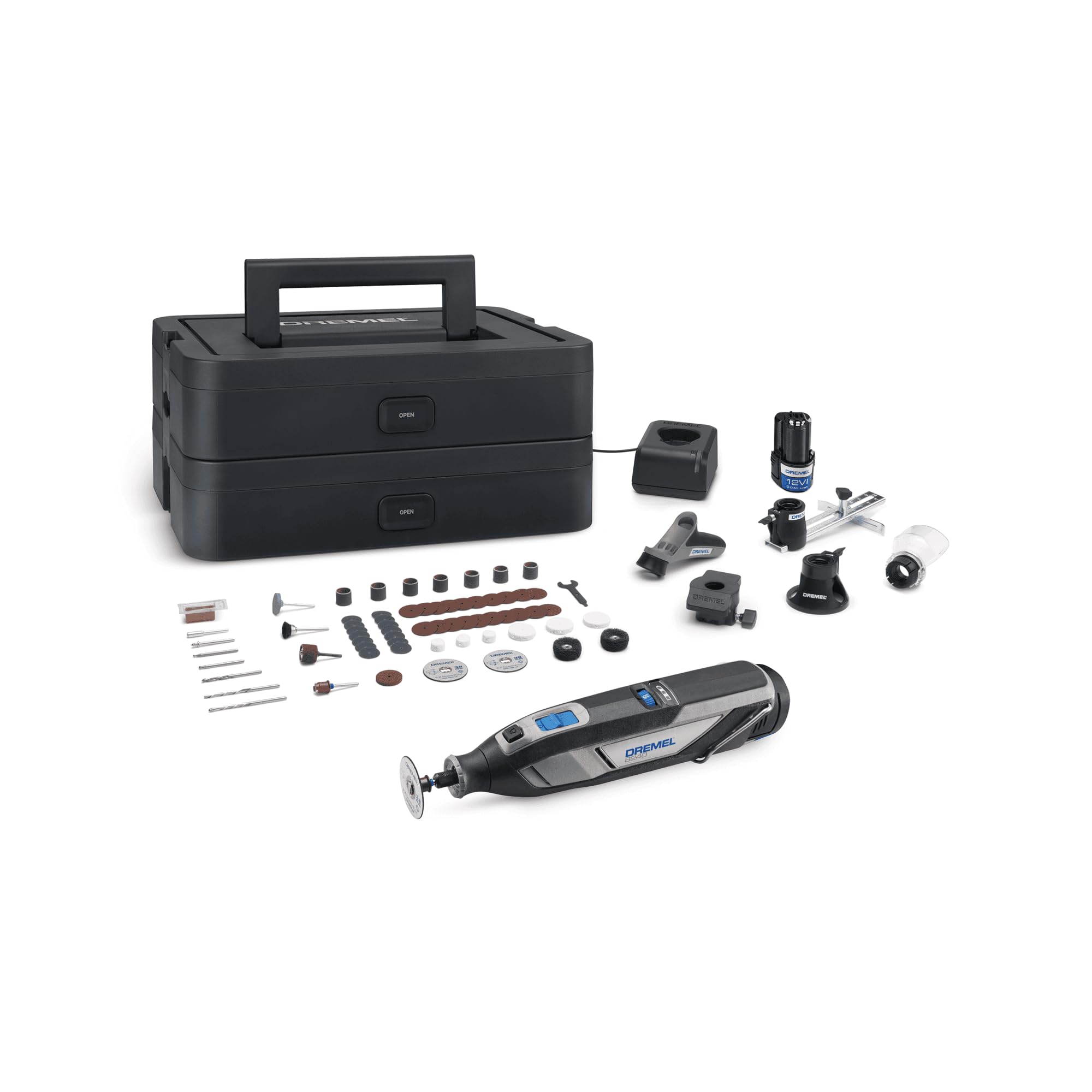 Dremel 8240 5/65 ابزار چرخ‌دستی باتری‌دار 12 ولت 2 آمپر، کیت چندکاره با 2 باتری، 5 پیوسته، 1 جعبه پلاتینیوم، 65 لوازم جانبی برای برش، حکاکی، سنگ‌زنی، پولیش، سنباده زنی، حکاکی PremiumBox|5Atts.65Accs.