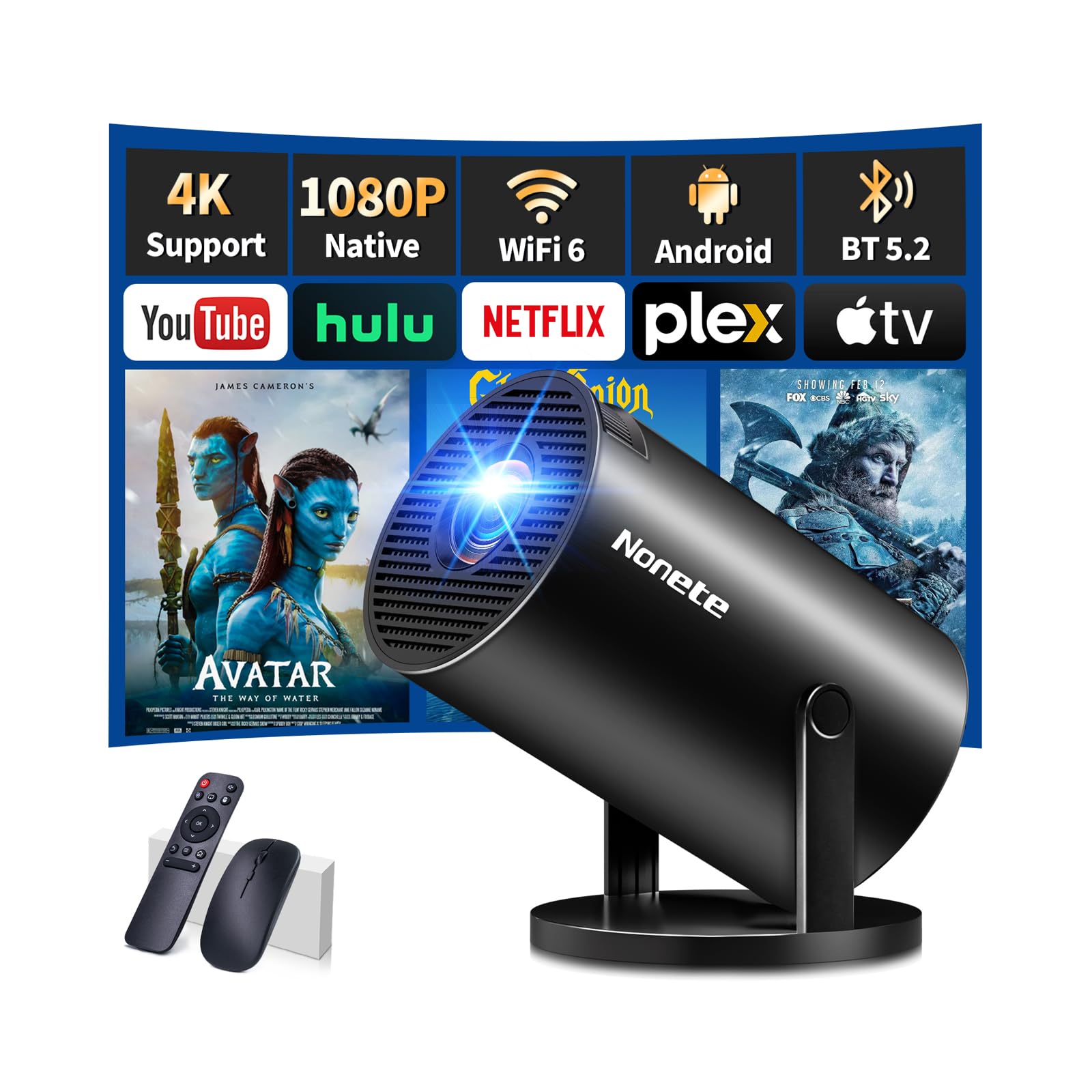 پروژکتور کوچک 4K پروژکتور Full HD 1080P با WiFi 6 و بلوتوث 5.2، پروژکتور قابل حمل اندرویدی 270 درجه چرخش با اصلاح خودکار تراپزوئیدال برای PC/HDMI/USB، با موش و کنترل از راه دور بیمر مشکی