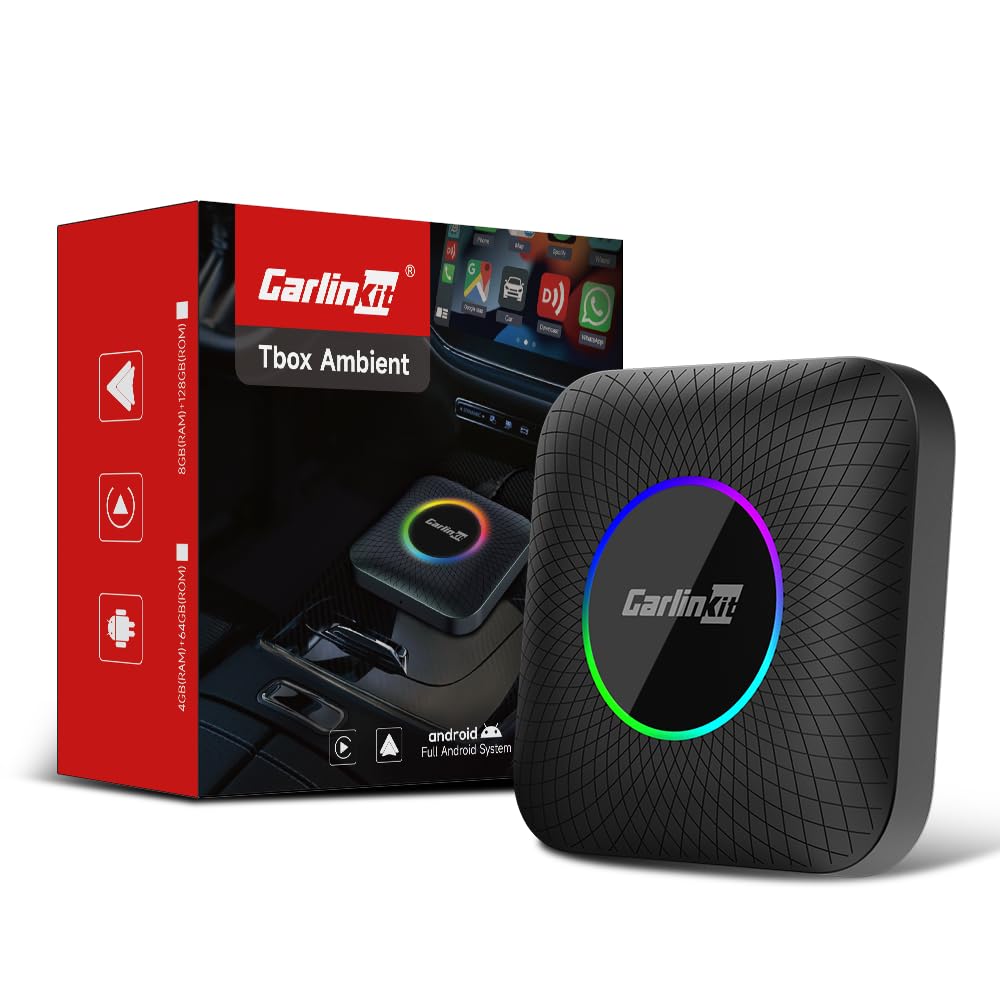 Carlinkit Tbox Ambient Android 13 Ai Box 8GB+128GB، آداپتور بی‌سیم CarPlay 3-in-1 با نورپردازی RGB Ambient و Snapdragon 6225، سیستم سرگرمی خودرو دو منطقه‌ای 4K (Netflix/Shahid/Anghami)
