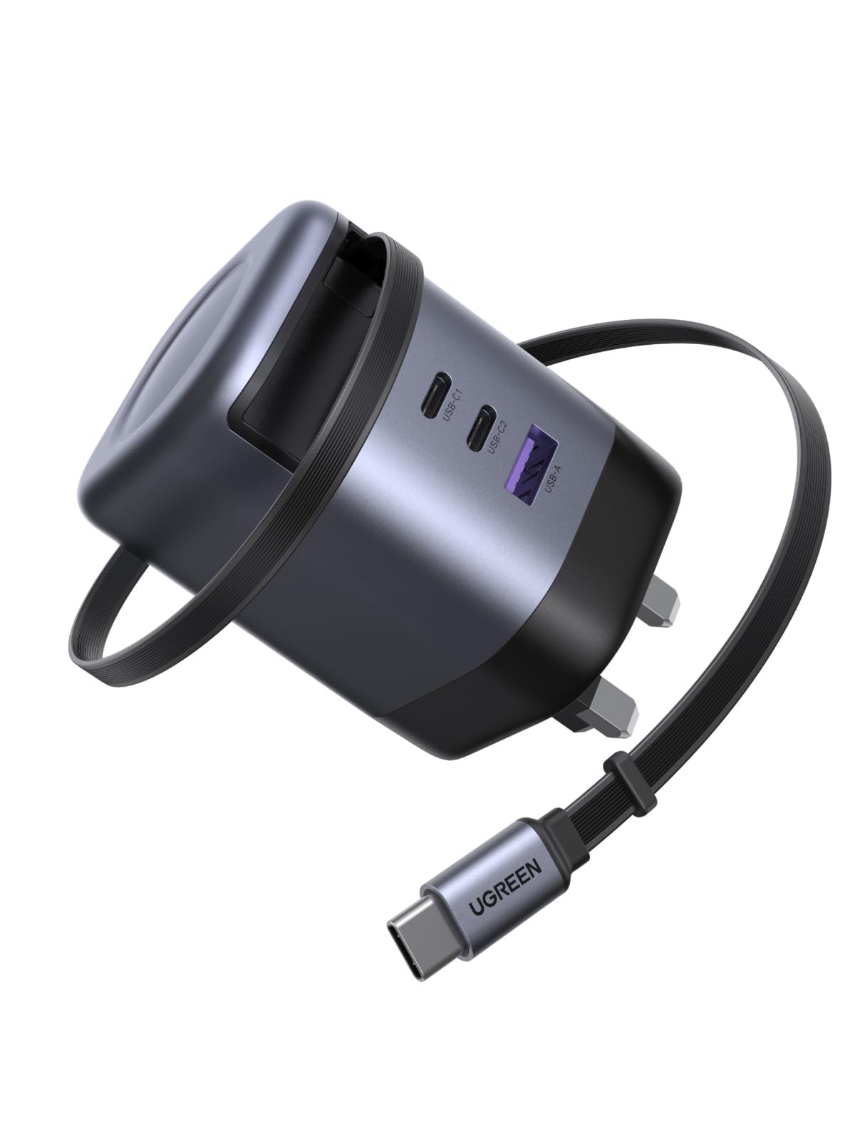 شارژر سریع UGREEN 100W Type C با کابل USB قابل کشیده، آداپتور لپ تاپ 4 پورت GaN، سازگار با مک بوک ایر M4، اچ‌پی، لنوو، دل، آیپد، پد HONOR، آیفون 17 پرو مکس، سامسونگ S25 الترا S24 S23 100W با کابل قابل کشیدن