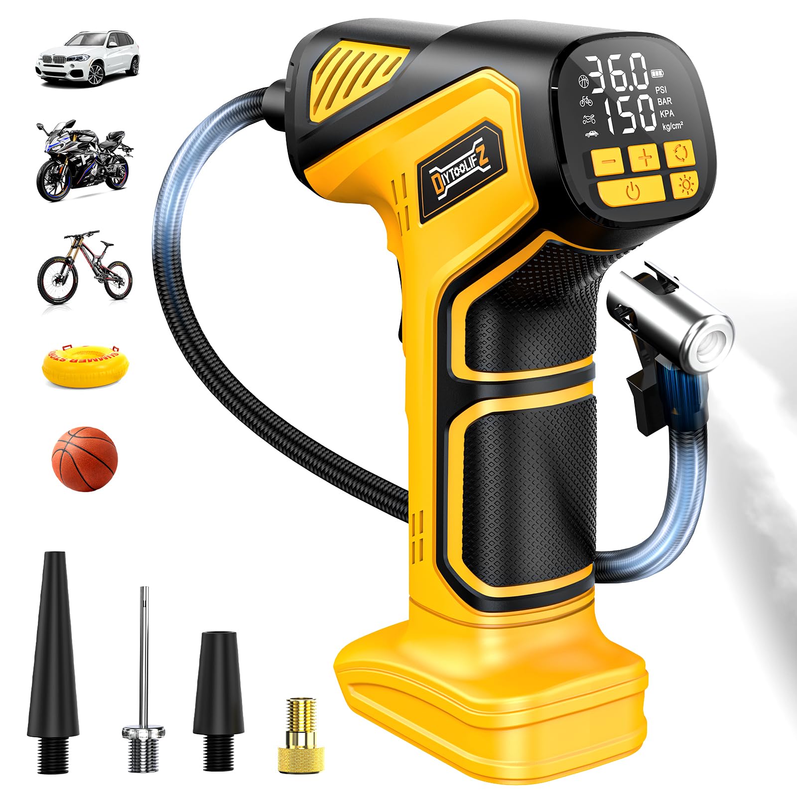 پمپ هوا بی‌سیم 150PSI، تراشه گره‌خورده، فشارسنج دیجیتال و چراغ LED اضطراری برای خودرو، موتورسیکلت، دوچرخه، توپ و ... قطعه برای باتری دولت 20 ولت (باتری همراه نمی‌باشد)