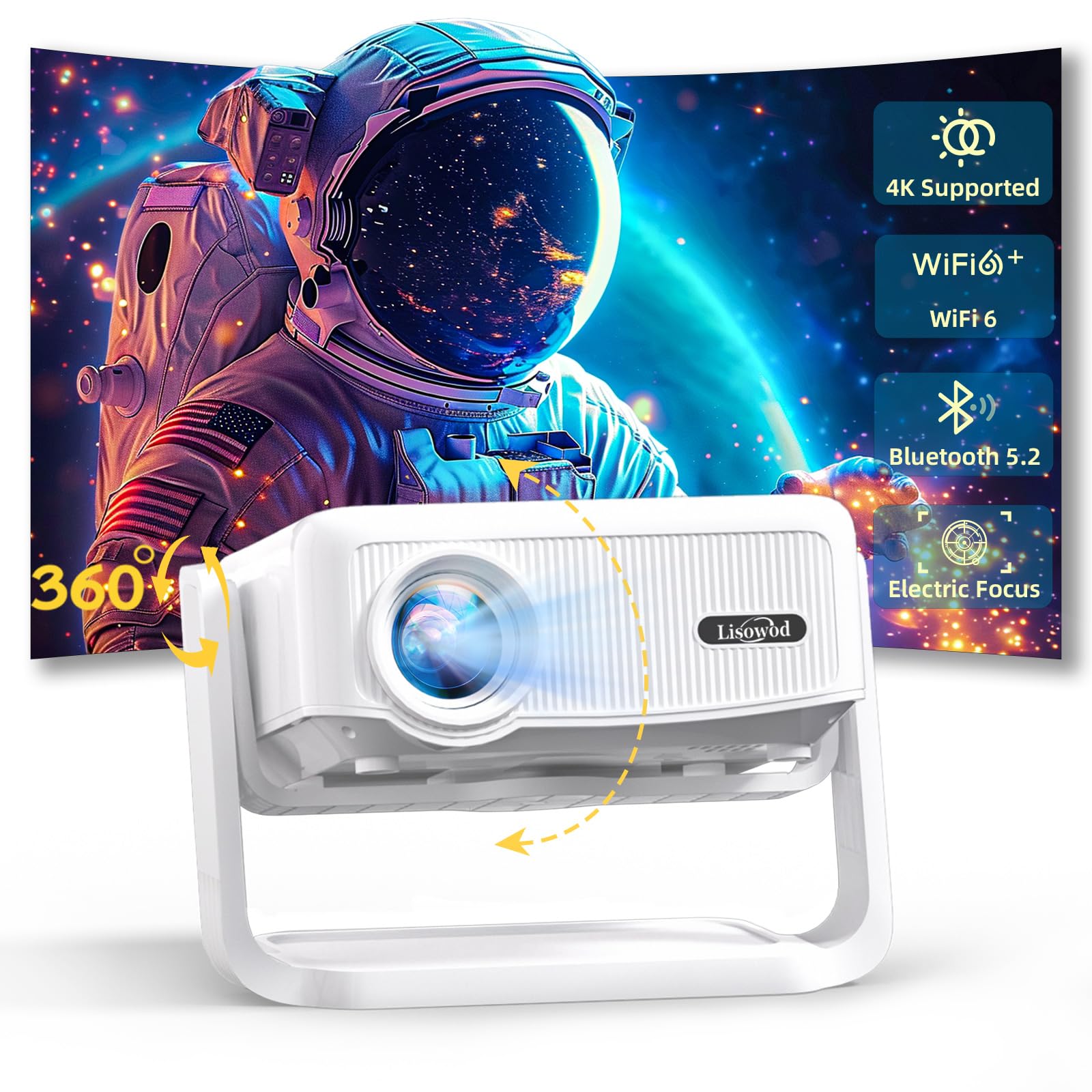 پروژکتور مینی Full HD 1080P 4K، پشتیبانی از فوکوس الکتریکی و کلید خودرو، WiFi 6 و بلوتوث، 300 اینچ، چرخش 360 درجه، ایده آل برای تئاتر خانگی و فضای باز، پشتیبانی