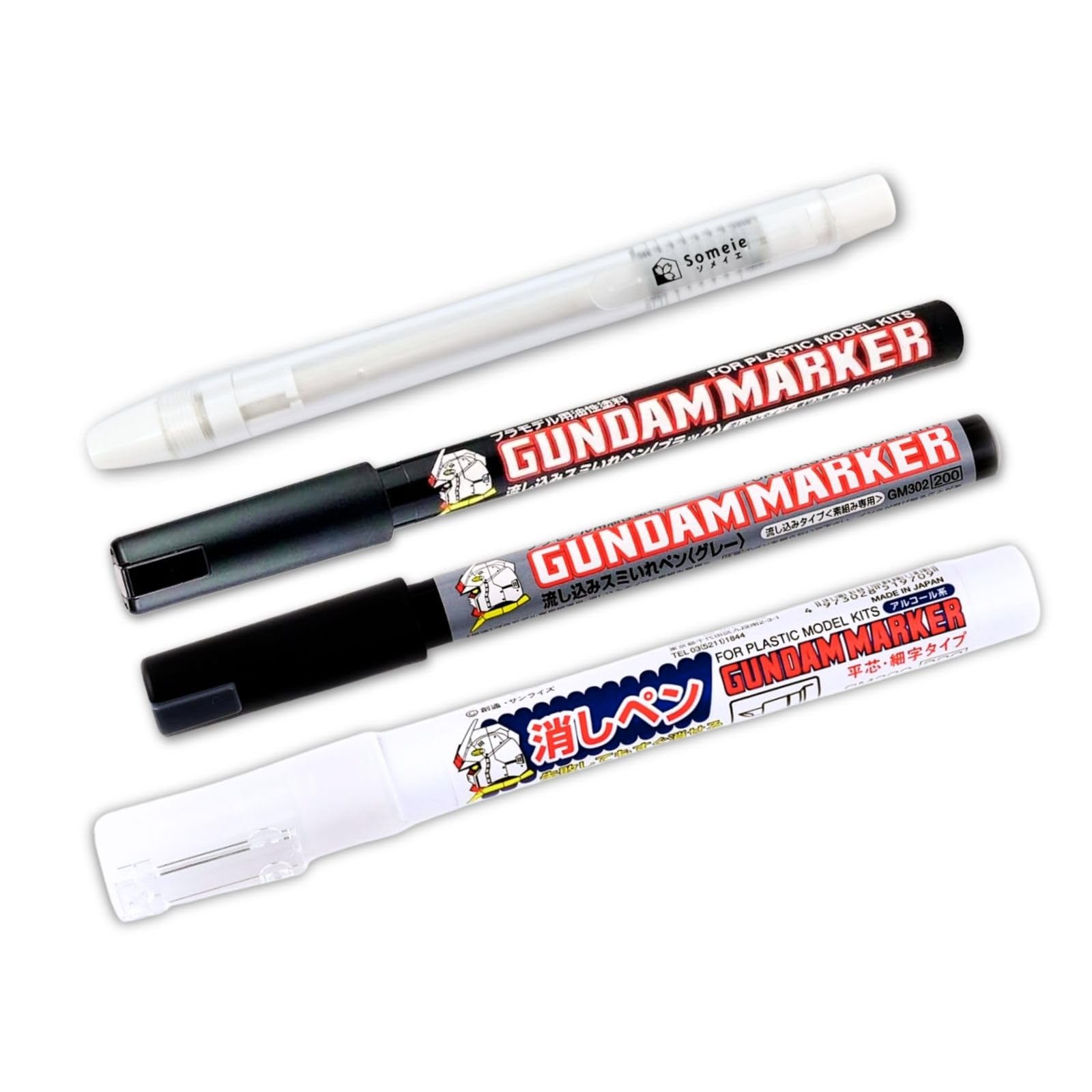 مداد Gundam Marker Pour نوع GM301 سیاه و GM302 خاکستری و پاک‌کن نوشتاری GM300 و پاک‌کن Knock-Type ، مداد پر کننده Flow-in نوع Panel Lining Pens