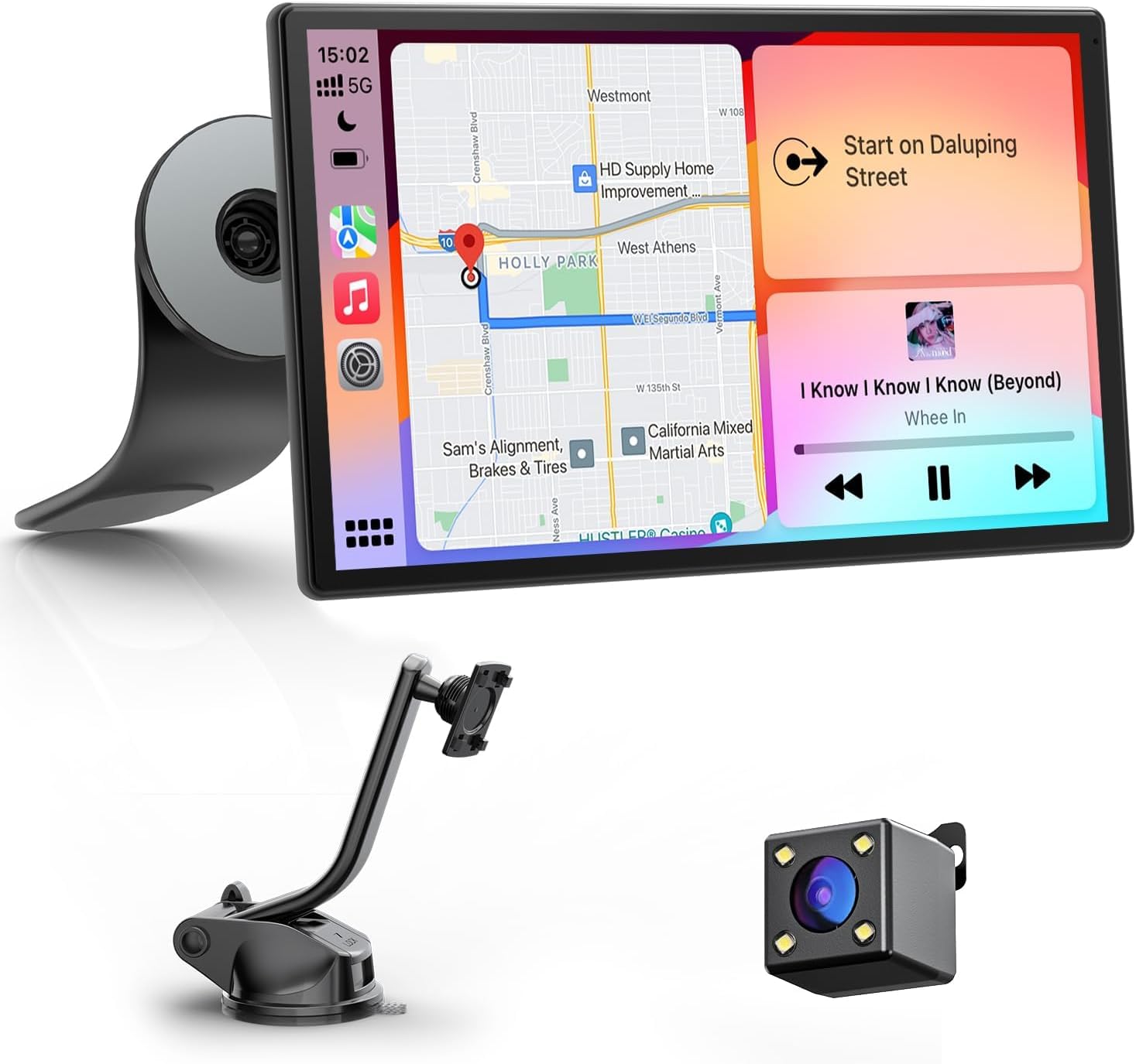 مانیتور 9 اینچی با کارپلی Carplay و اندروید برای خودرو با دوربین ضدآب IP67، نمایشگر لمسی، کنترل صدا، بلوتوث، GPS، کنترل صدا، بلوتوث، Aux، FM، و قابلیت Mirror Link