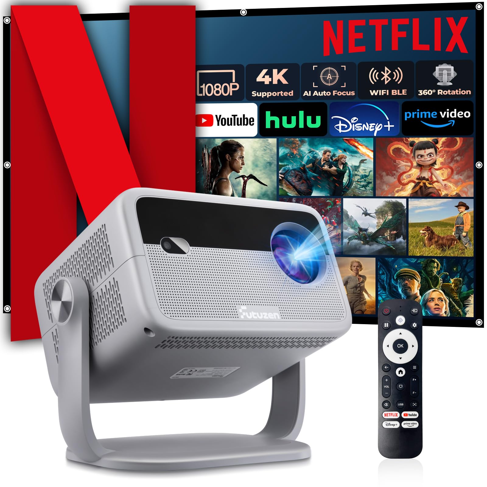 پروژکتور هوشمند خارجی با پشتیبانی از 4K با [600 ANSI/Official Netflix/Voice Control] WiFi6 و بلوتوث، پشتیبانی از 1080P طبیعی با برنامه‌های داخلی، چرخش 360 درجه و نمایش 150 اینچ منزل: پروژکتور با برنامه‌های داخلی
