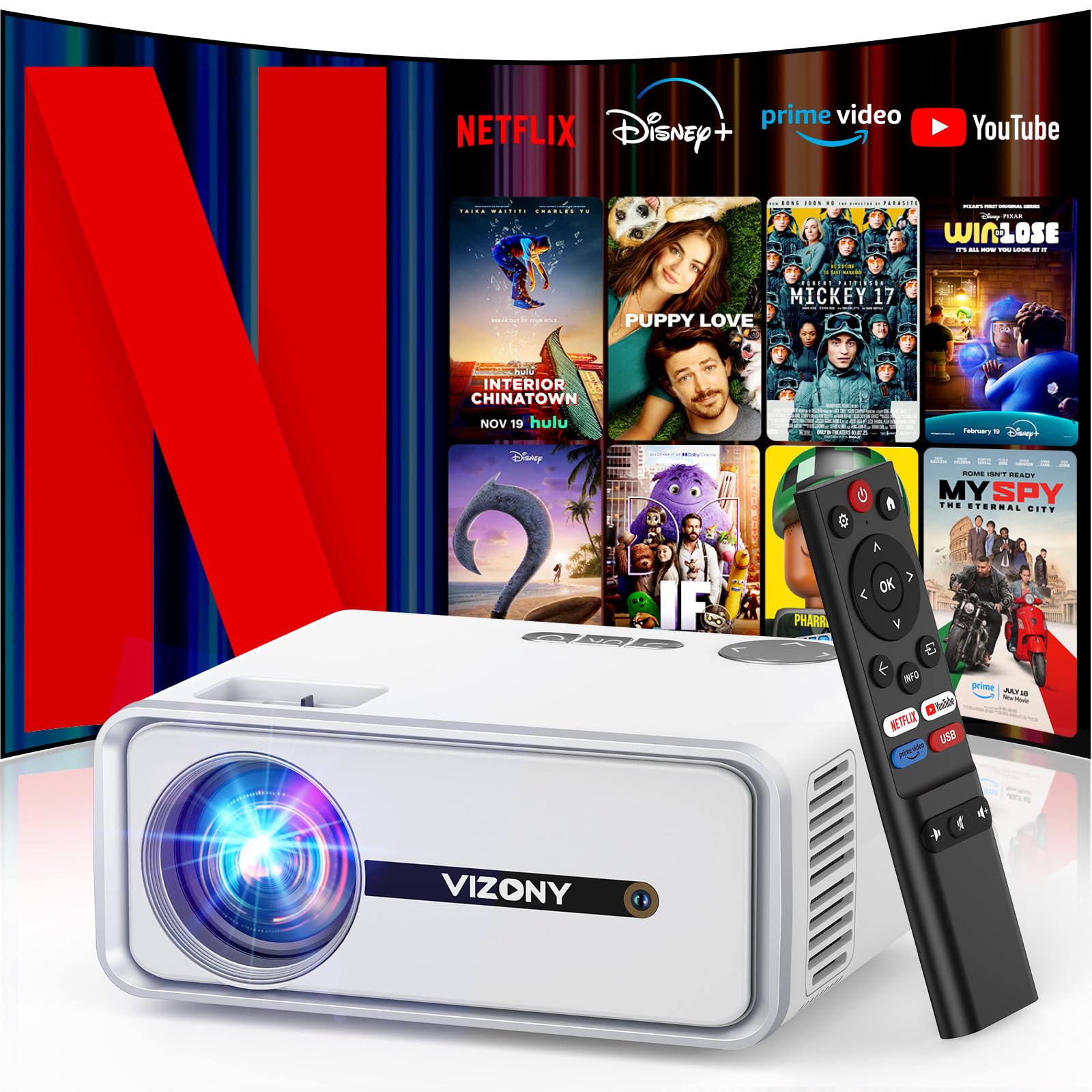 پروژکتور هوشمند [Netflix Officially/Dolby Audio] با وای فای و بلوتوث، پروژکتور ویزونی با کیفیت 1080P با برنامه های نصب شده از Netflix، Youtube، Hulu، Disney+، پروژکتور مینی قابل حمل برای استفاده در داخل و خارج از منزل - سفید
