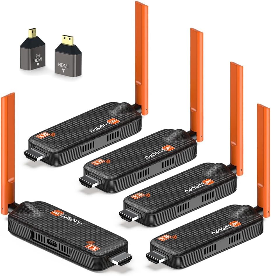 فرستنده بی‌سیم HDMI سال 2025 با 4 گیرنده - رمزگشایی 4K،‌ 5GHz/1080P | برد 30 متر/98 فوت | سازگار با تا 6 تلویزیون، استریم ویدیو برای لپ‌تاپ، کامپیوتر به تلویزیون، پروژکتور، مانیتور G123-4