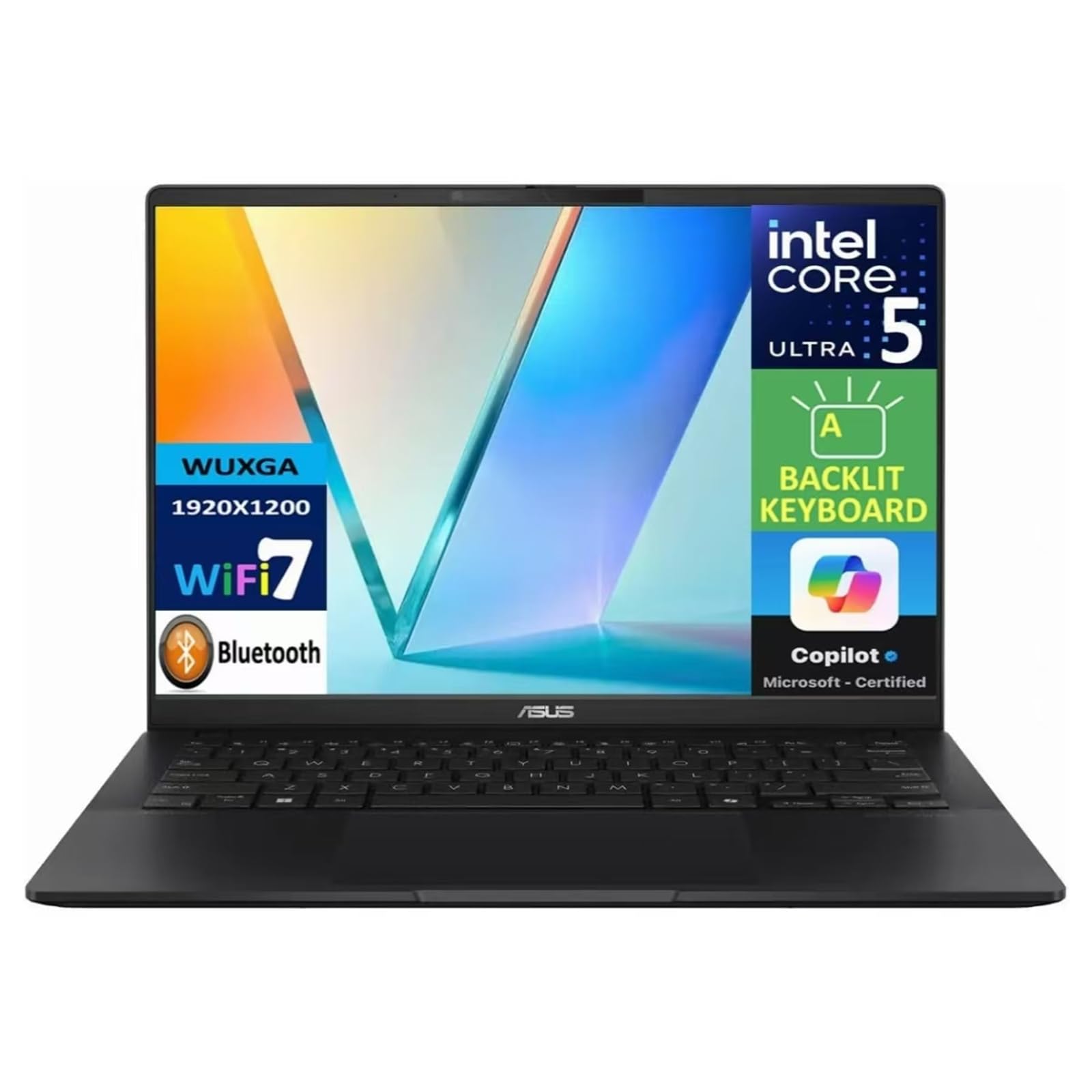 لپ تاپ ASUS Vivobook S AI Powered، لپ تاپ 14 اینچی WUXGA OLED، پردازنده اینتل Ultra 5-226v، 8 هسته ای، 16 گیگابایت RAM LPDDR5X، 512 گیگابایت SSD PCIe، مشکی، AI Copilot، WiFi 7، ویندوز 11 Home، کارت حافظه Micro SD TWE 64GB