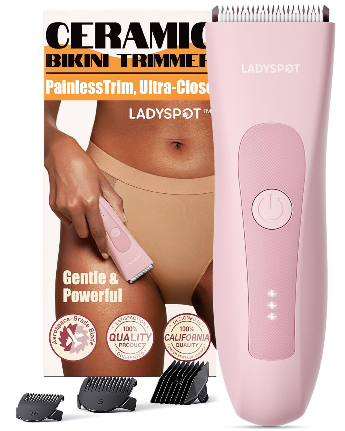جوش زن زنانه بیکینی، LADYSPOT™ تراشیده بیکینی برای زنان تراشیده قابل شارژ برای موهای محدود با 3 حفاظ و تیغه سرامیکی ضدحساسیت، تراشیده های مرطوب/خشک برای بدن، پاها، بیکینی صورتی
