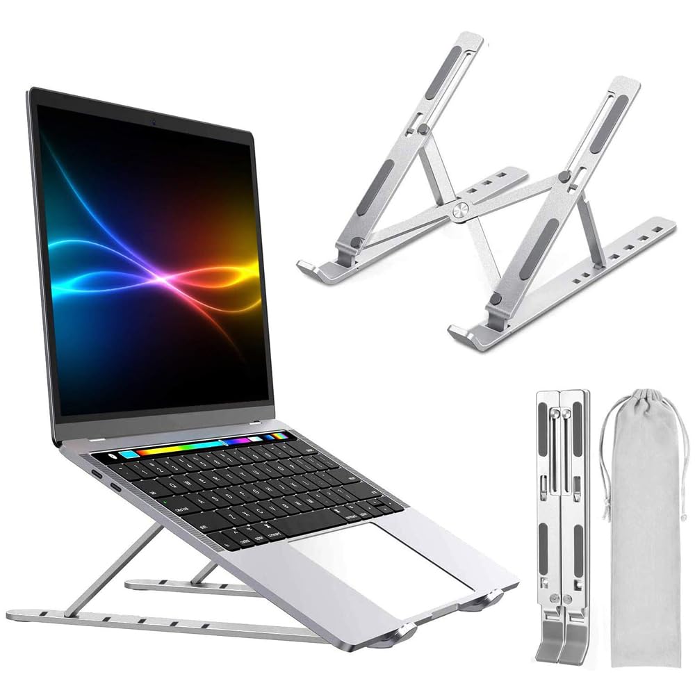 استند لپتاپ HEXAR®، استند نوت‌بوک فولدیبل از آلیاژ فولاد، نگهدارنده یونیورسال قابل تنظیم برای تبلت‌ها، سازگار با آیپد، نوت‌بوک، قابلیت تنظیم 7 زاویه‌ای (نقره‌ای)