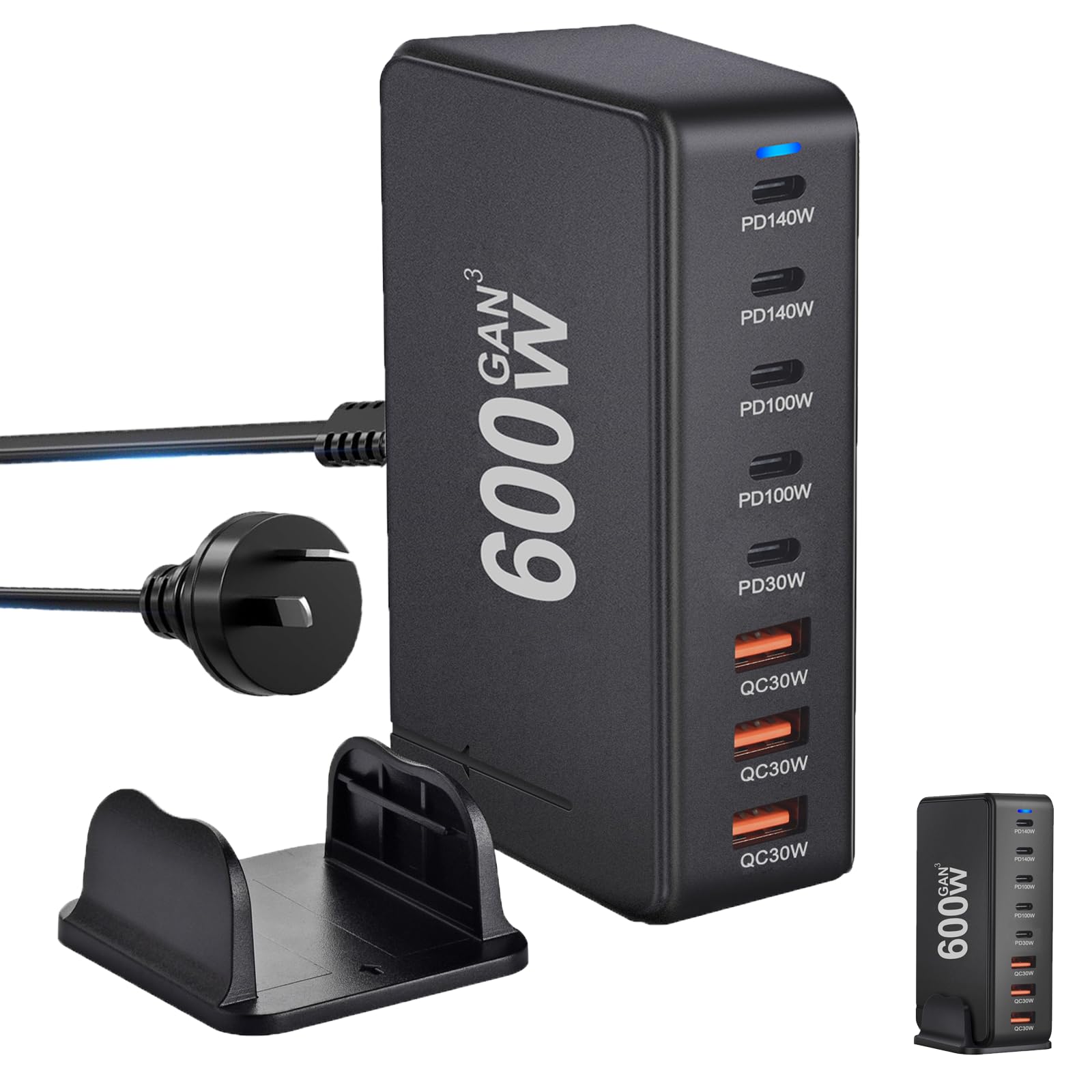 بلوک شارژ USB C با 8 پورت و تکنولوژی GaN3 برای شارژ سریع، سازگار با لپ تاپ، آیپد، آیفون پرو مکس، پیکسل، نوت، مک بوک پرو/ایر، شارژر سریع USB C برای اندروید (YXM-600W)