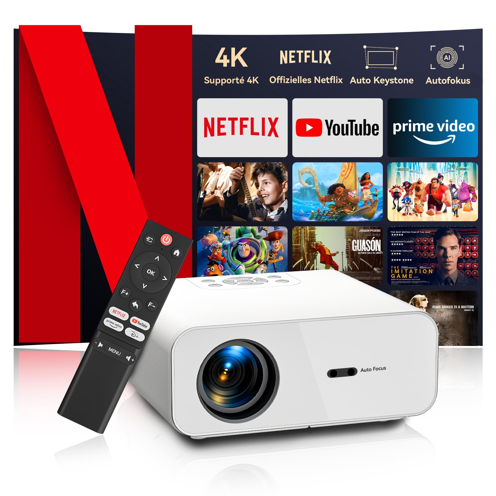 پروژکتور با کیفیت تصویر Full HD 1080P با وای‌فای ZOOMCAT WiFi6 و بلوتوث، با قدرت روشنایی 26000 لومن و پشتیبانی از سینمای خانگی 4K، دارای اصلاح کی‌استون Car 6D/4P، پروژکتور هوشمند با اپلیکیشن‌های YouTube و Netflix