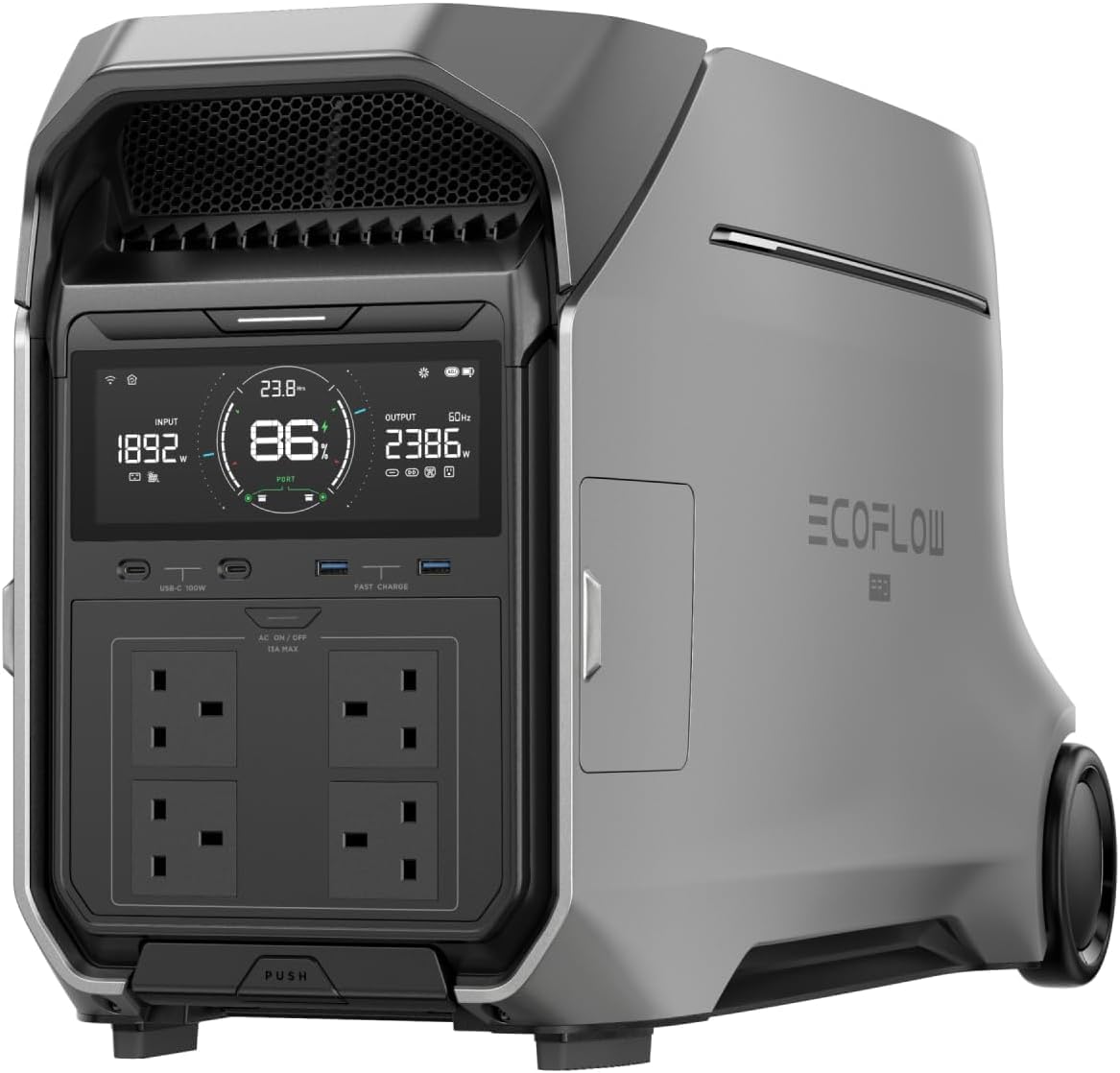این واحد تولید قدرت قابل حمل ECOFLOW DELTA Pro 3، باطری 4096Wh LFP، قابل گسترش به 12kWh، خروجی AC 4000W 230V، ژنراتور خورشیدی برای استفاده در منازل، لوازم کمپینگ، بلاها، قطع برق و کاروان‌ها است.