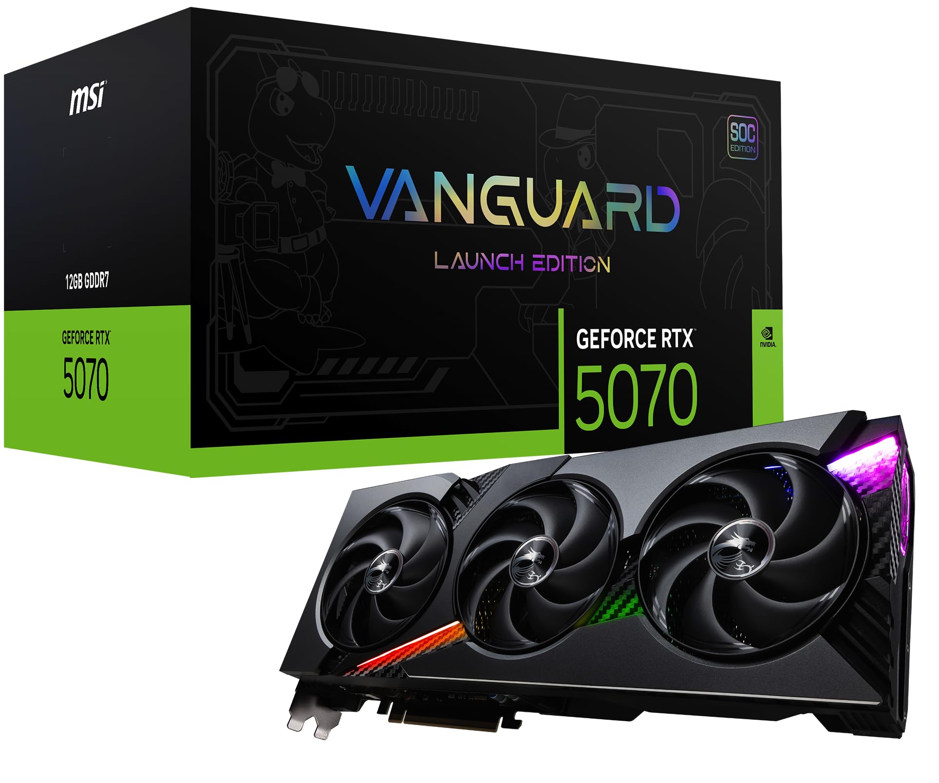 کارت گرافیک MSI Gaming RTX 5070 12G Vanguard SOC Launch Edition (12 گیگابایت GDDR7، 192 بیت، عملکرد بسیار بالا: 2655 مگاهرتز، 3 عدد پورت Displayport 2.1a، 1 عدد پورت HDMI 2.1b، معماری NVIDIA Blackwell)
