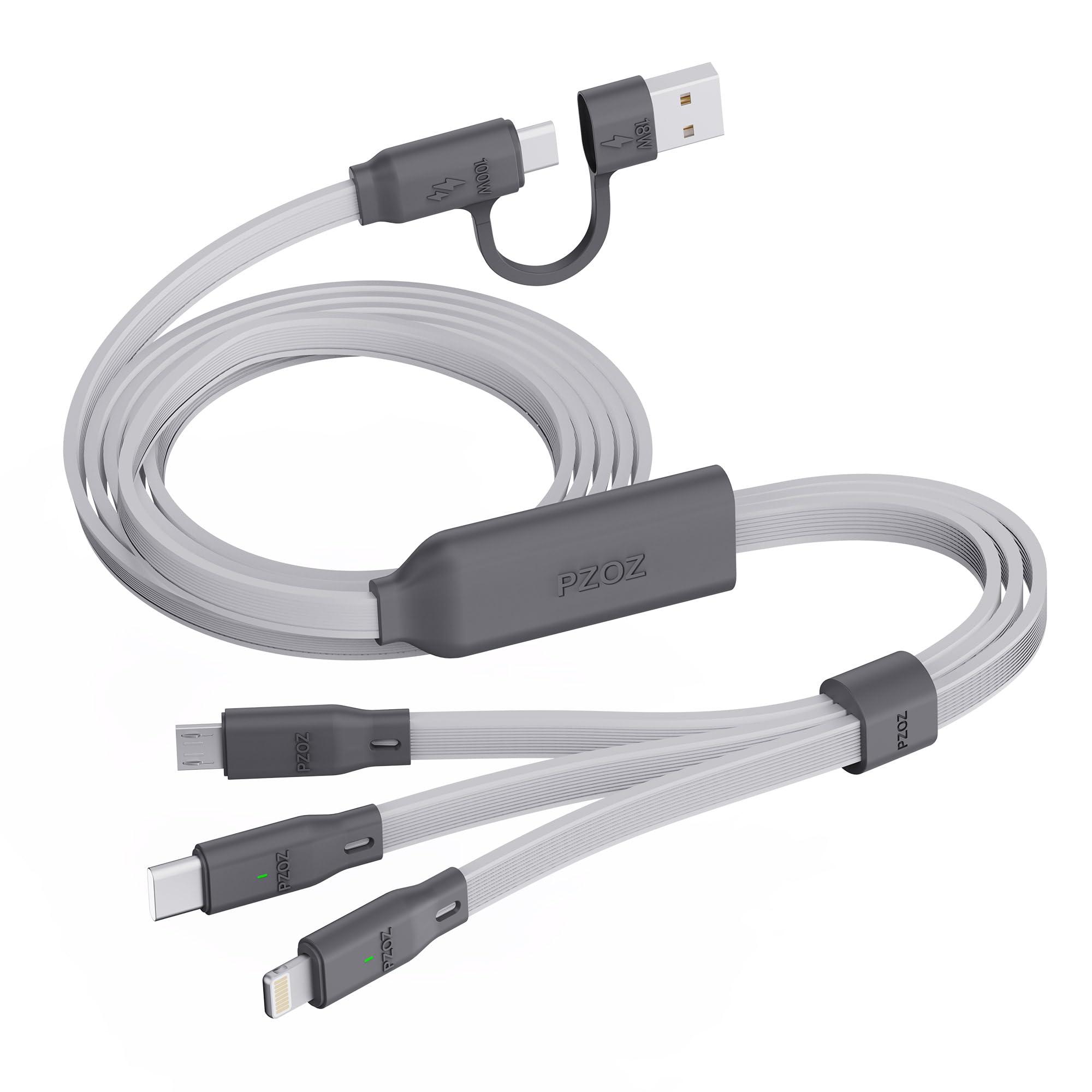 کابل شارژ چندمنظوره PZOZ 100W با طول 1.5 متر، شارژ سریع 3 در 1 همزمان، کابل شارژر Type C [100W]، کابل شارژر آیفون [27W]، کابل Micro USB [10W] برای آیفون، آیپد، مک بوک، سامسونگ
