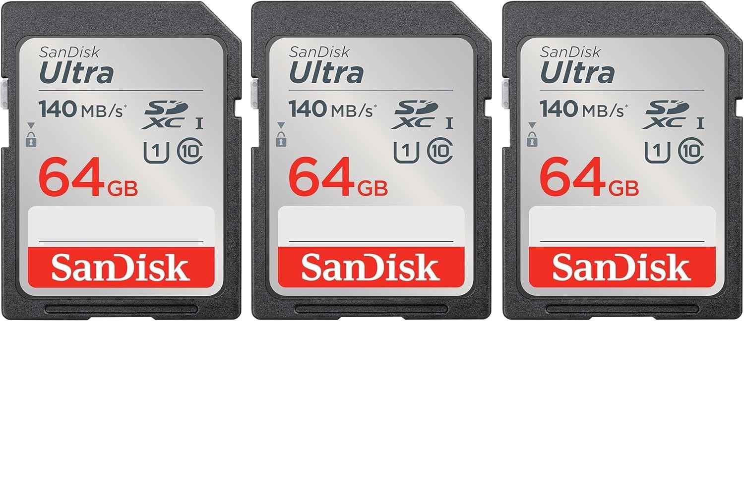 کارت حافظه SanDisk Ultra UHS-I 64GB با سرعت ۱۴۰MB/s برای دوربین‌های دیجیتال و آینه‌ای، گارانتی ۱۰ ساله - مدل SDSDUNB-064G-GN6IN (بسته‌ی ۳ عددی)، صرفه‌جویی ۳ برابر با خرید پکیج