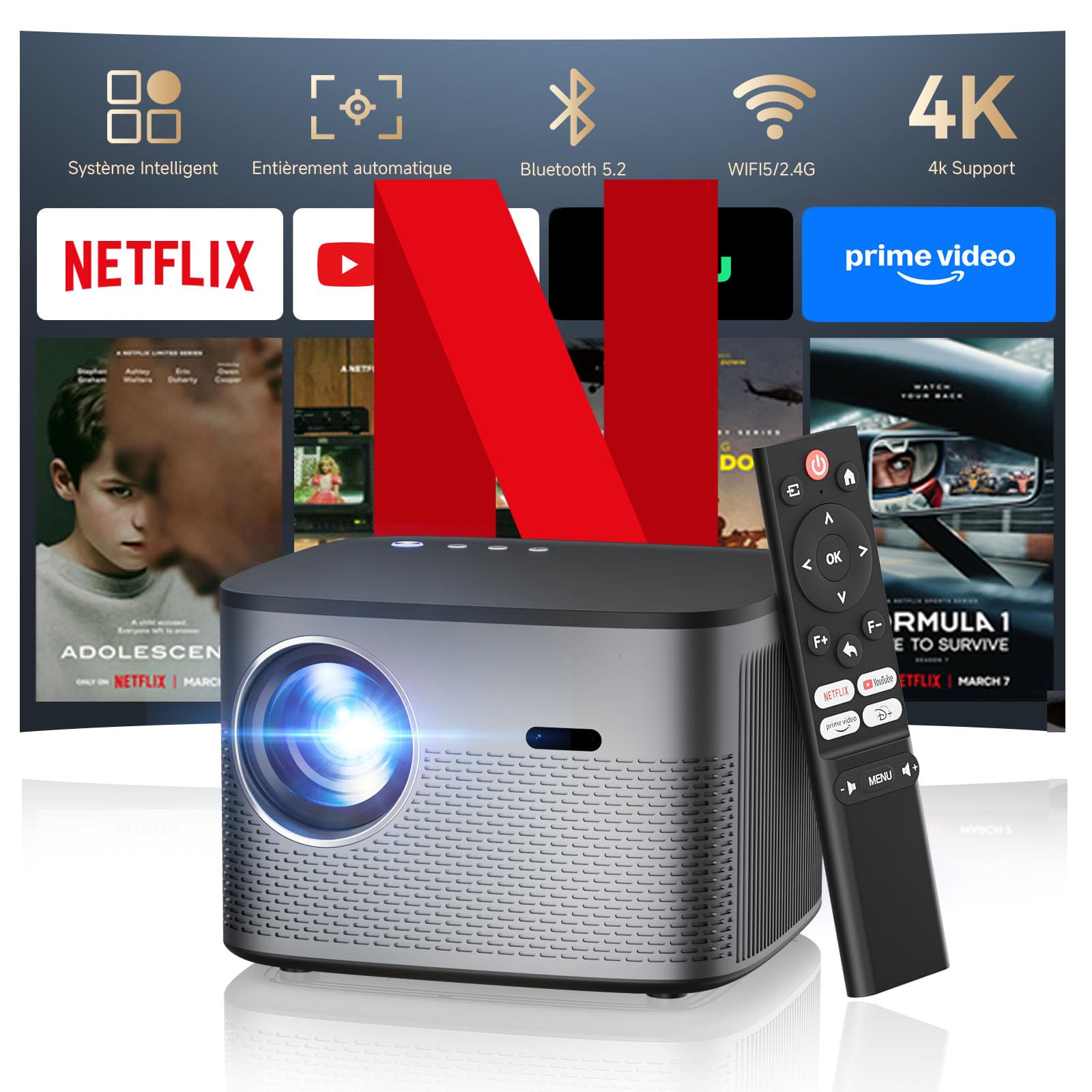 Netflix رسمی و اندروید ۱۳.۰: پروژکتور هوشمند فوکوس خودکار / اصلاح تراپیزوئیدی 28000LM پروژکتور با پشتیبانی ۴K، Full HD 1080P WiFi Bluetooth پروژکتور هوشمند، پروژکتور سینمای خانگی / موبایل خارجی