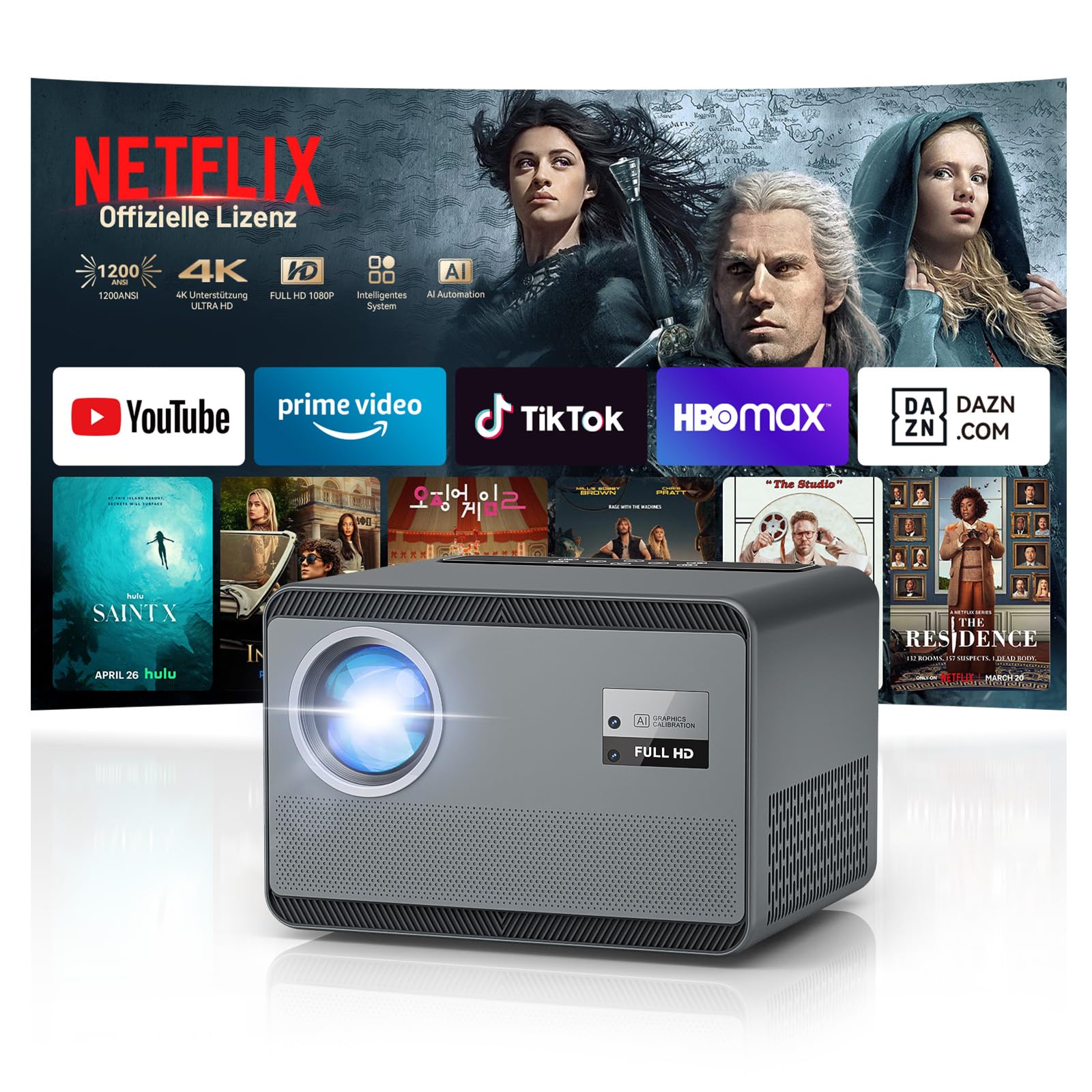 تلویزیون 4K رسمی Netflix: پروژکتور هوشمند 1200 ANSI 4K با پشتیبانی از برنامه‌های تلویزیون رسمی مختلف، فوکوس خودکار/اصلاح تراپزوئیدال Full HD 1080P WiFi بلوتوث برای سینمای خانگی / موبایل خارج از اتاق