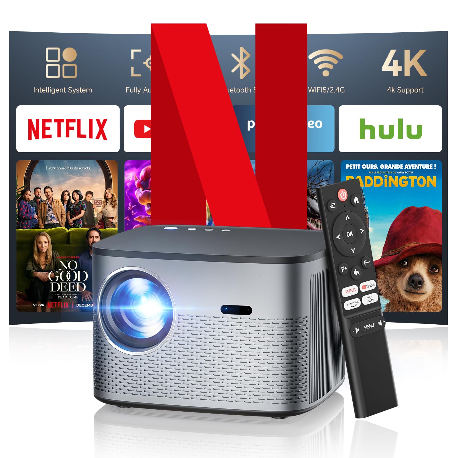 پروژکتور هوشمند Netflix & Android 13.0 با فوکوس خودکار/اصلاح Keystone 28000LM با پشتیبانی از 4K، Full HD 1080P، WiFi، بلوتوث ویدیوپروژکتور، سینمای خانگی/فضای باز، پروژکتور موبایل تلفن همراه C26A