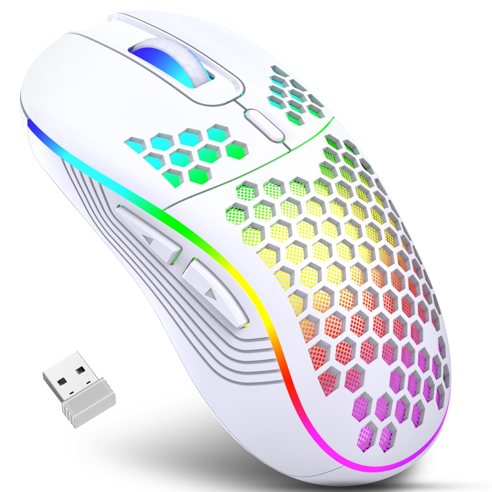 موشواره بازی بی‌سیم KOWVOWZ، ماوس شارژی با نورپردازی RGB، 6 دکمه قابل تنظیم با پوسته عسلی سبک وزن بی‌سیم برای لپتاپ‌ها، کامپیوترها و غیره (۶۹ گرم)